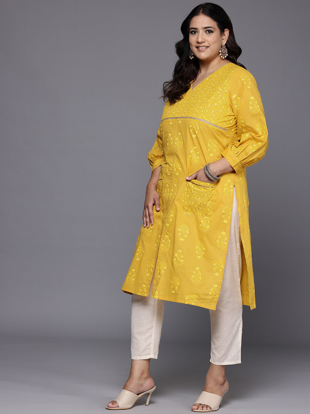 Plus Size Floral Printed Pure Cotton Kurta