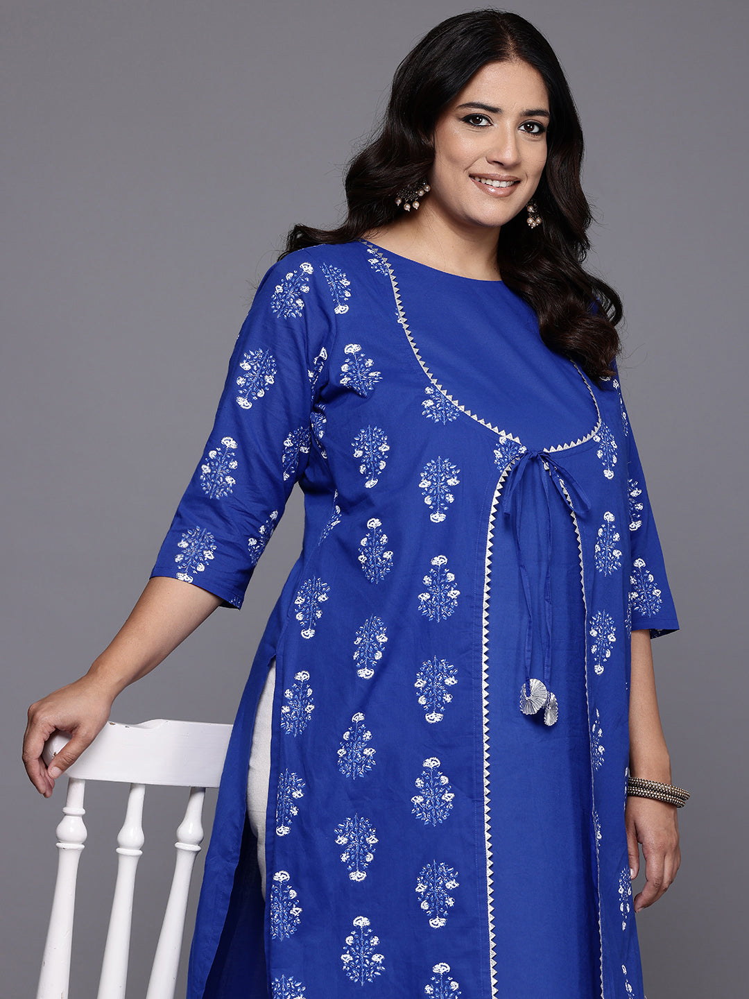 Plus Size Ethnic Motifs Printed Layered Gotta Patti Pure Cotton Kurta