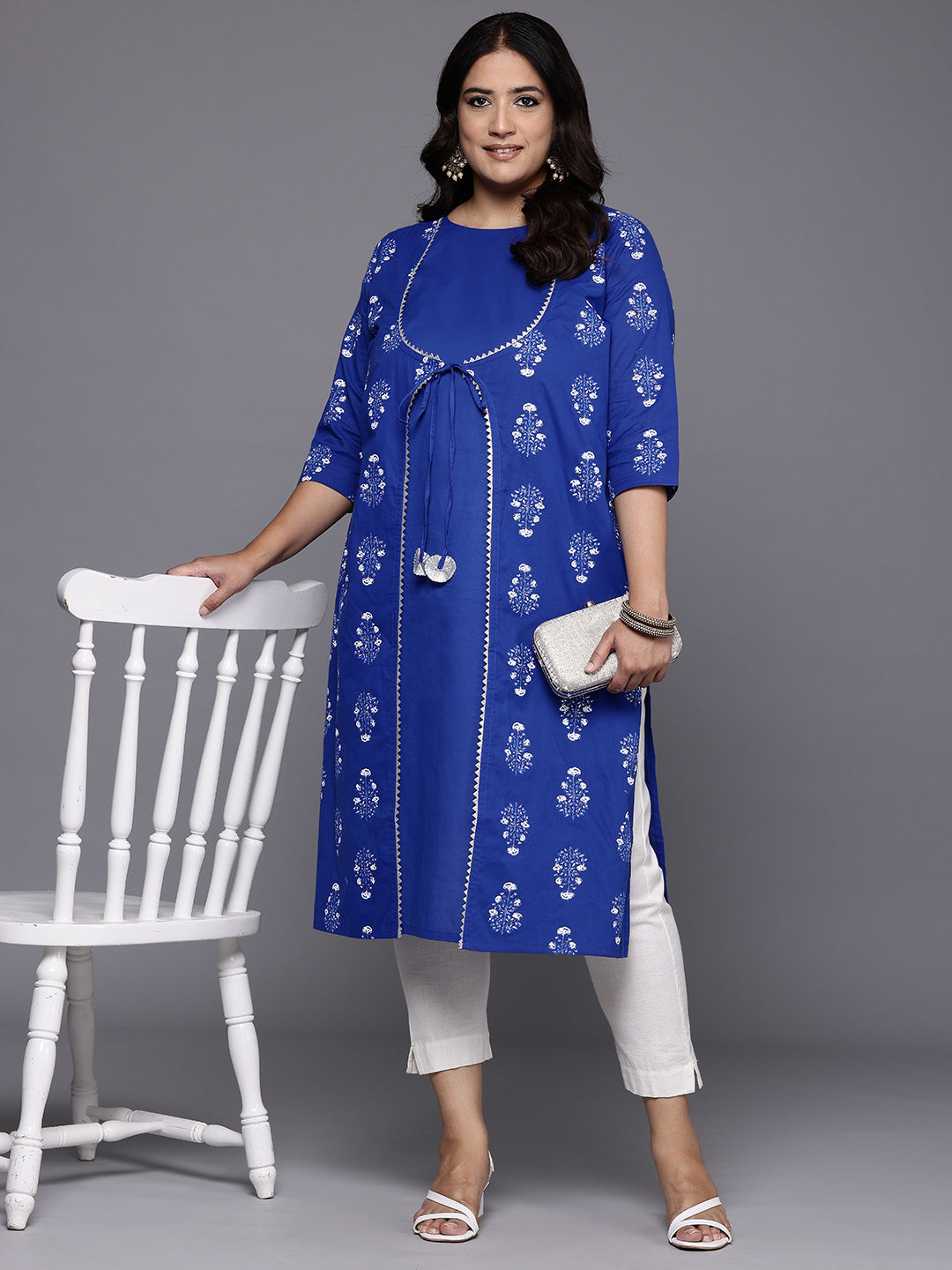 Plus Size Ethnic Motifs Printed Layered Gotta Patti Pure Cotton Kurta