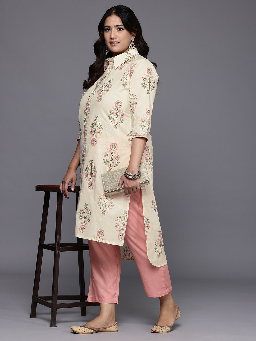 Plus Size Floral Printed Gotta Patti Pure Cotton Kurta