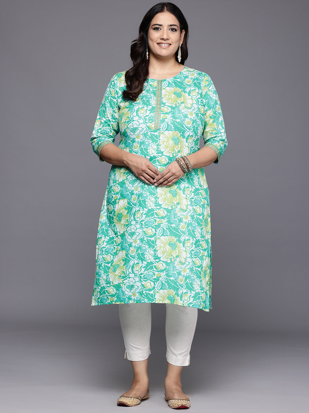 Plus Size Floral Printed Pure Cotton Kurta