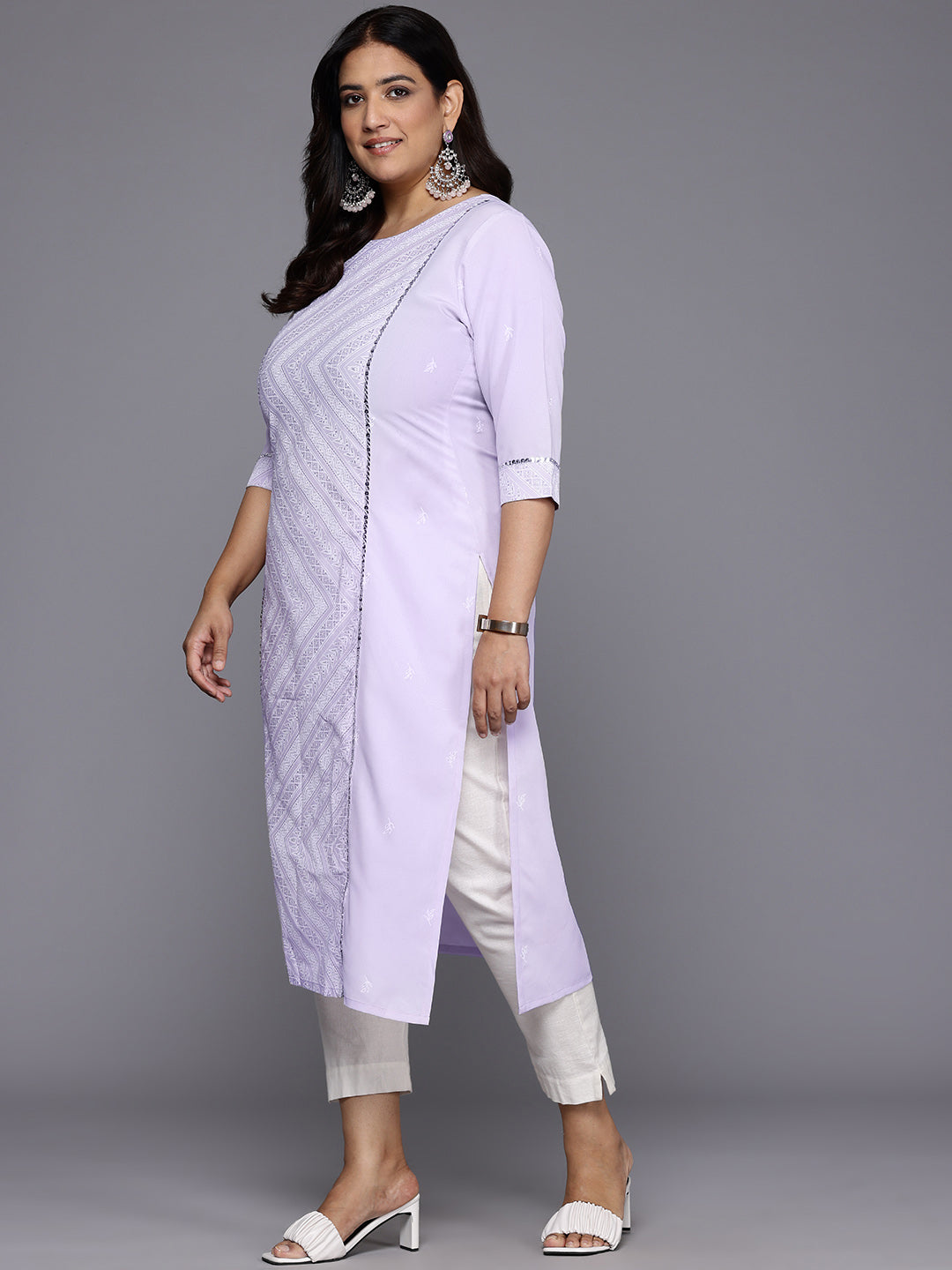 Plus Size Geometric Printed Sequinned Crepe Kurta