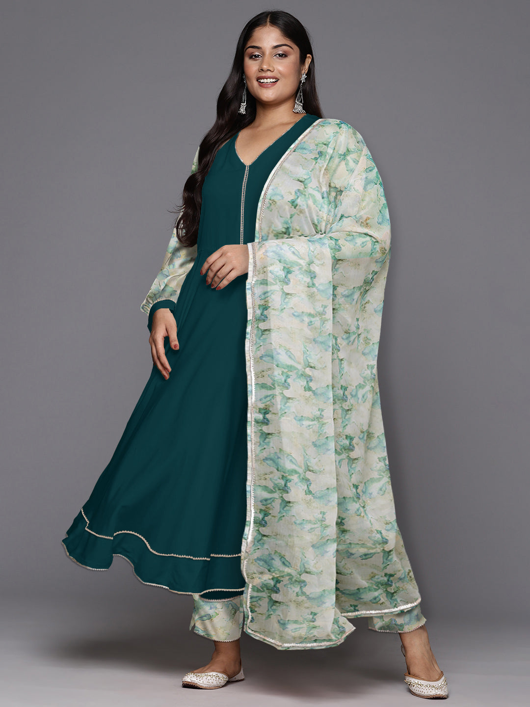 Gotta Patti Puffed Sleeves Anarkali Kurta with Trousers & Dupatta