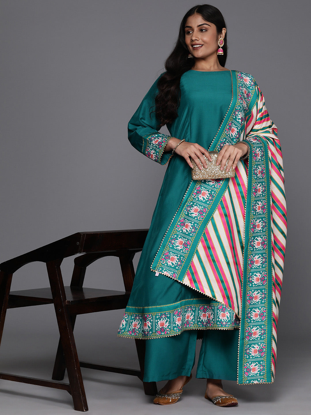 Plus Size Ethnic Motifs Printed Panelled Kurta with Palazzos & Dupatta