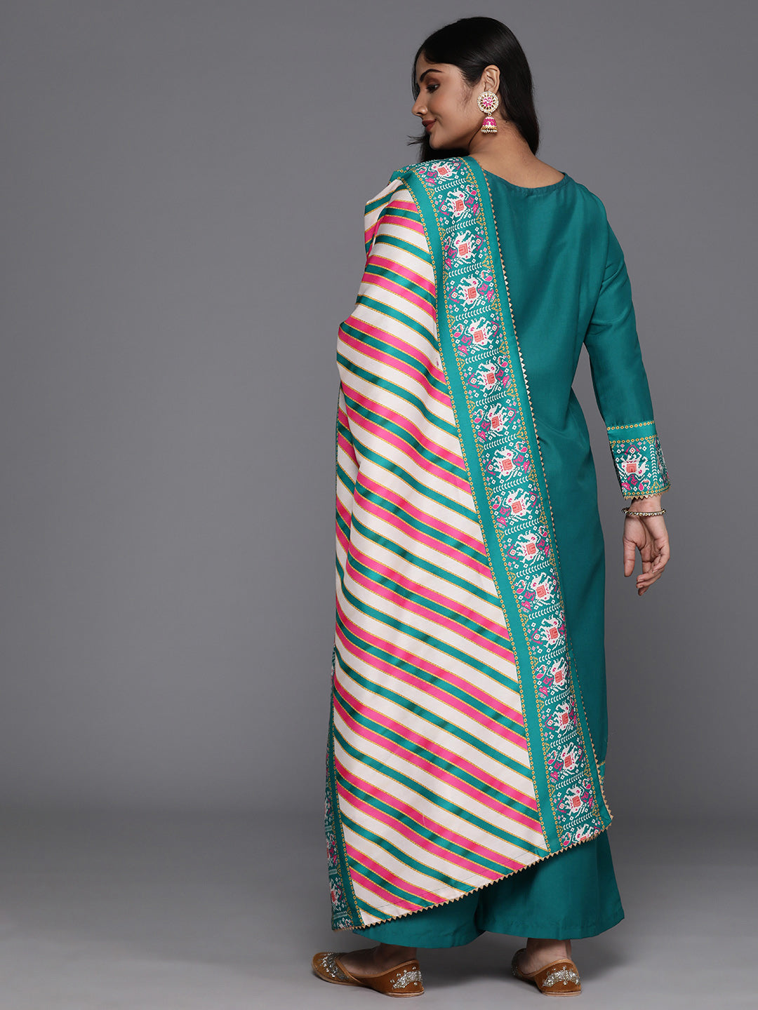 Plus Size Ethnic Motifs Printed Panelled Kurta with Palazzos & Dupatta