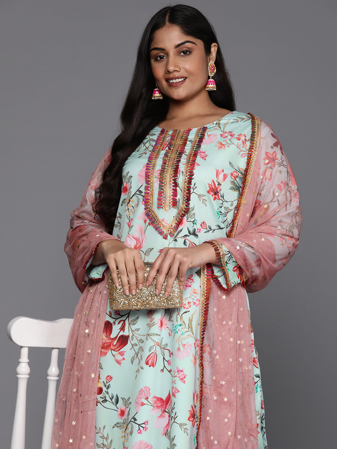 Plus Size Floral Printed Zari Kurta with Palazzos & Dupatta