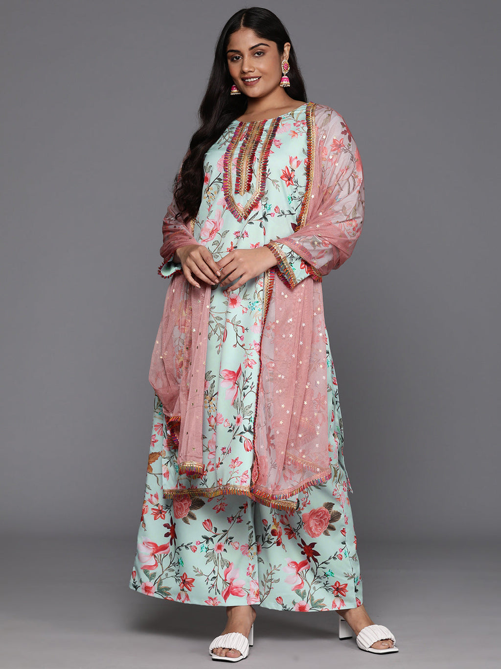 Plus Size Floral Printed Zari Kurta with Palazzos & Dupatta-AH