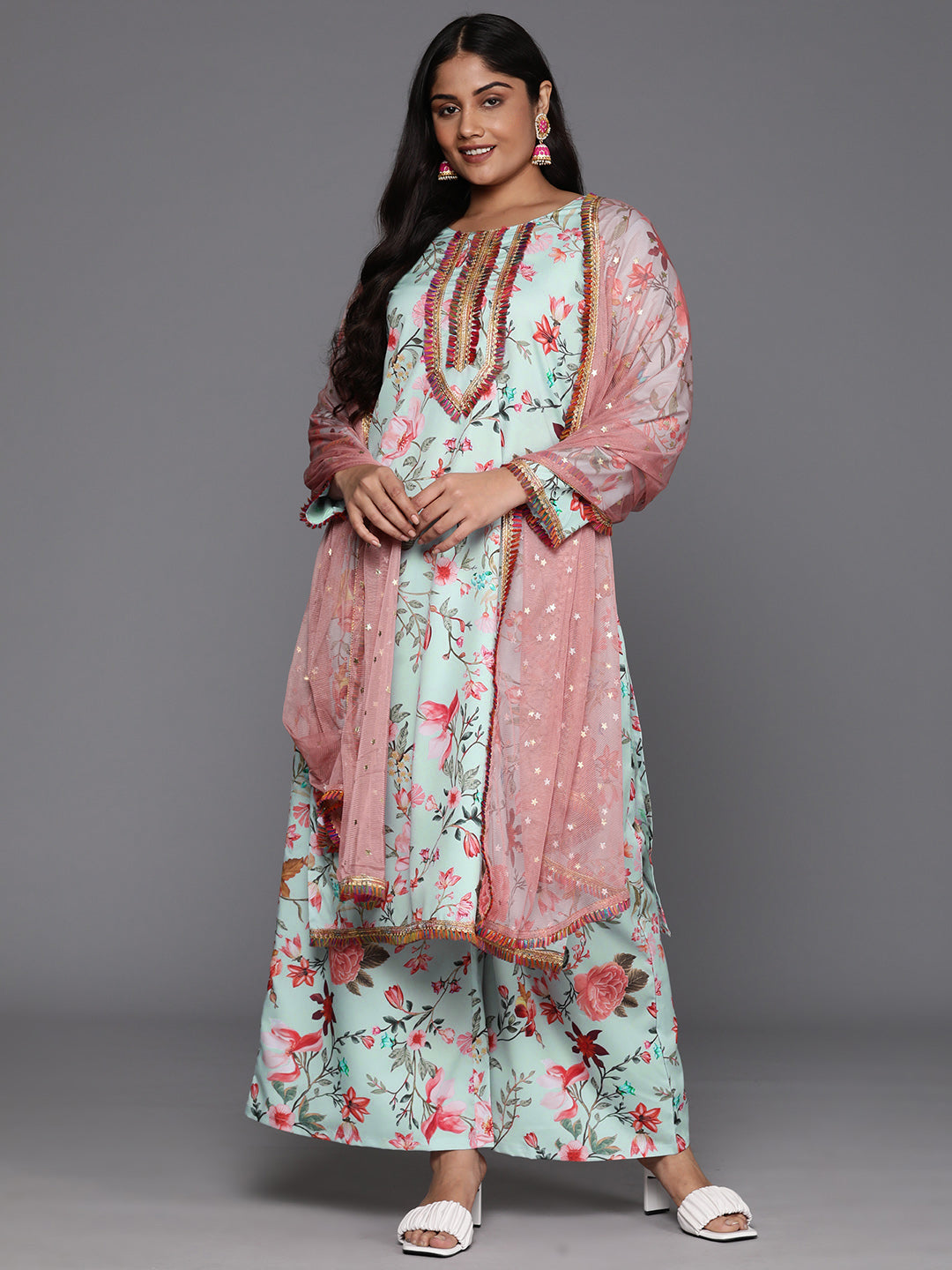 Plus Size Floral Printed Zari Kurta with Palazzos & Dupatta-AH
