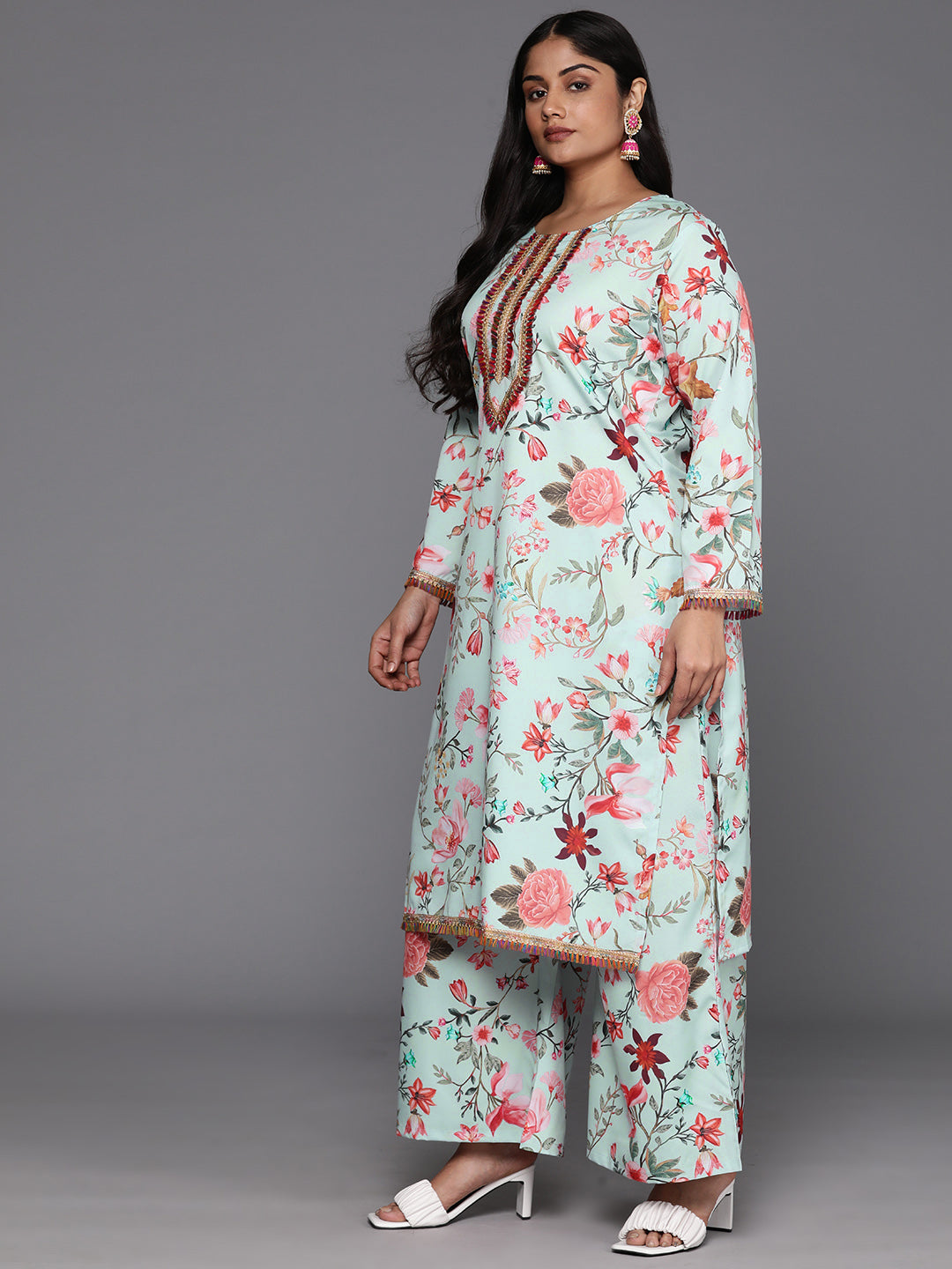 Plus Size Floral Printed Zari Kurta with Palazzos & Dupatta