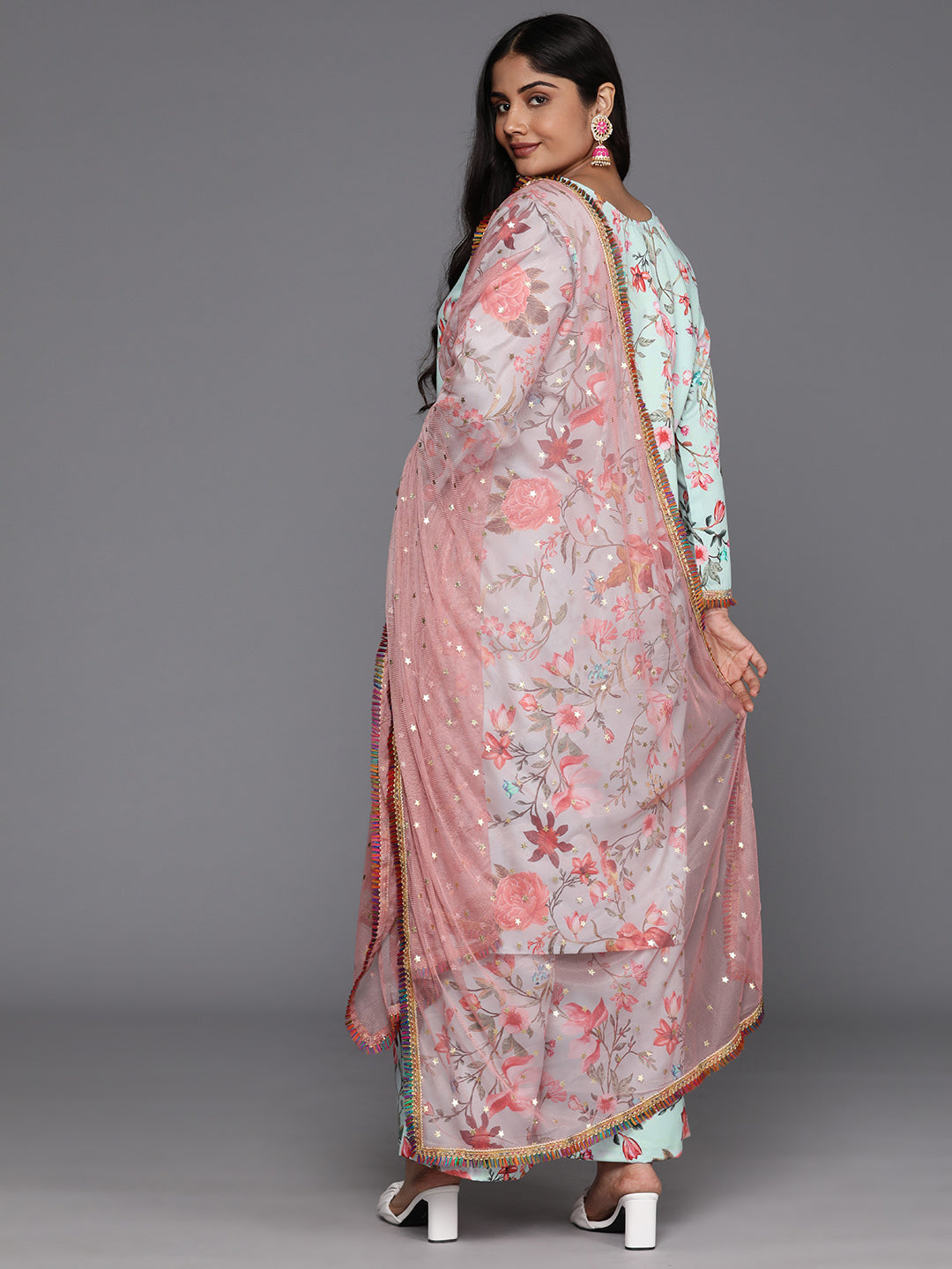 Plus Size Floral Printed Zari Kurta with Palazzos & Dupatta