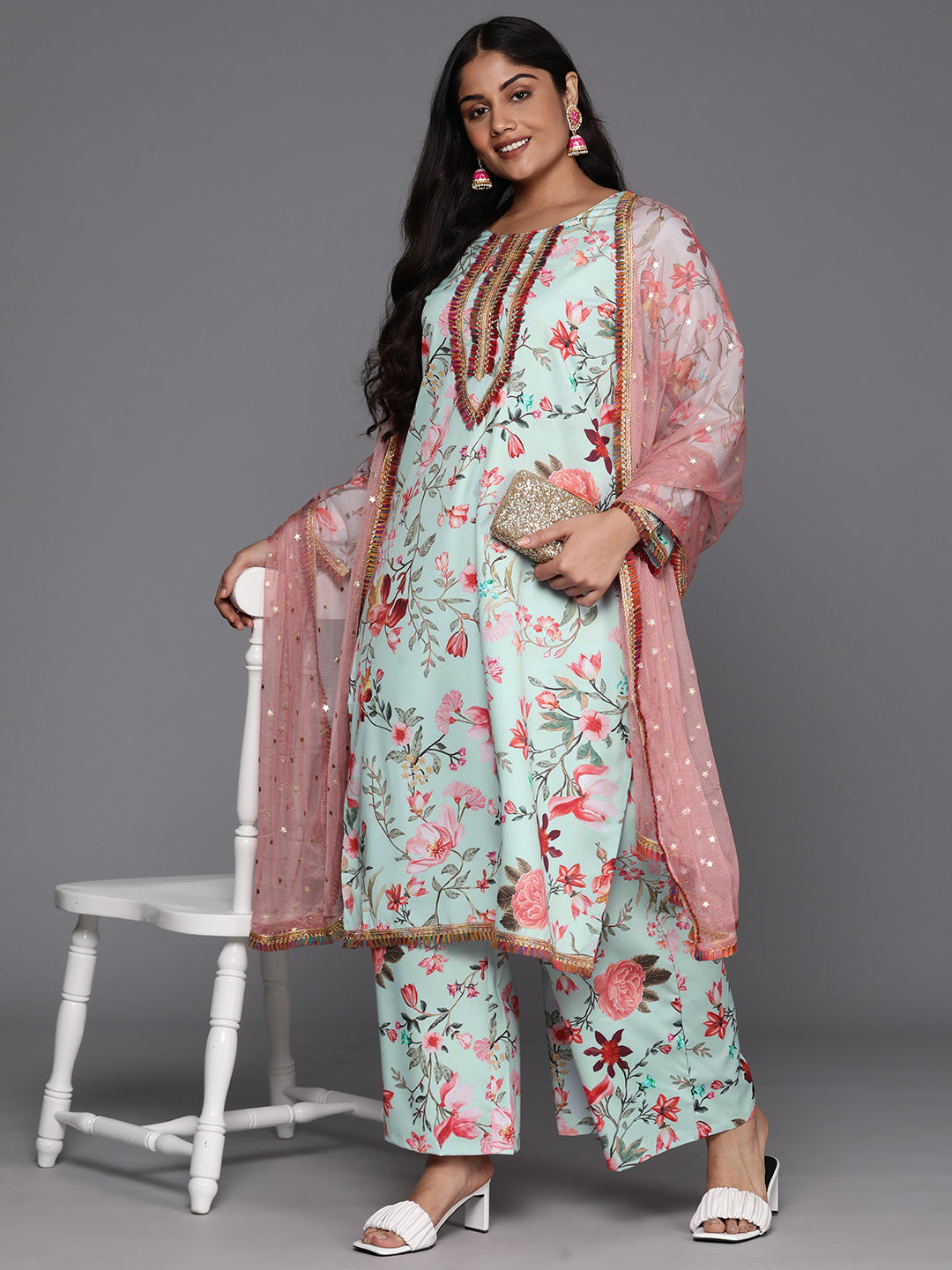 Plus Size Floral Printed Zari Kurta with Palazzos & Dupatta