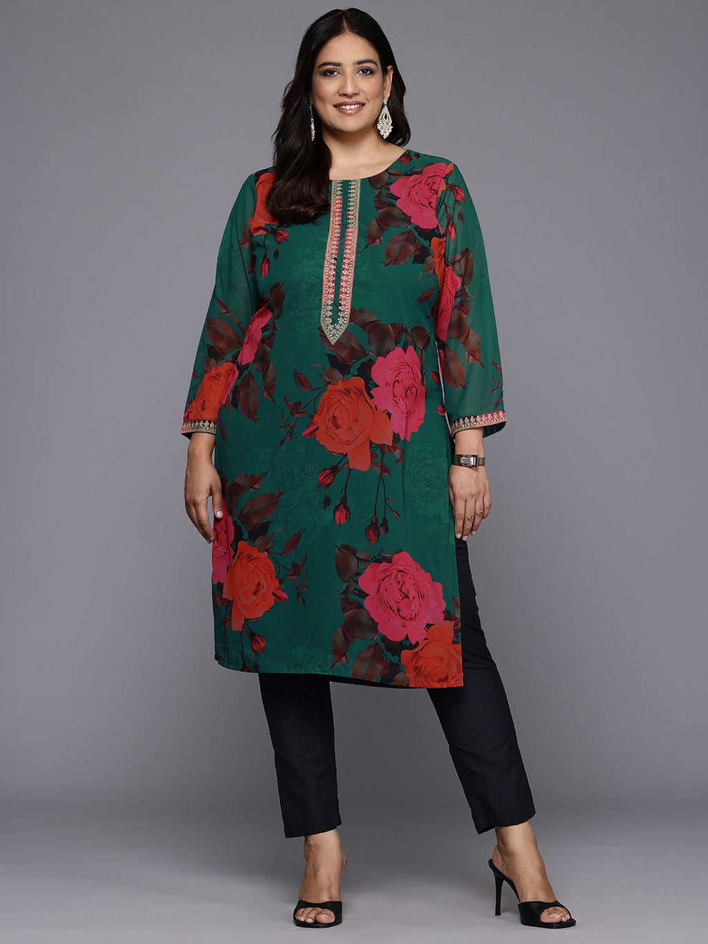 Plus Size Floral Printed Sequinned Georgette Kurta-AH