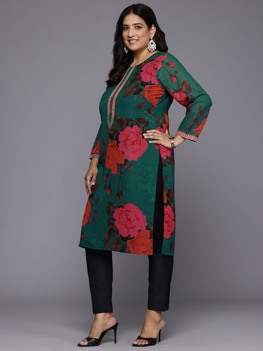 Plus Size Floral Printed Sequinned Georgette Kurta-AH