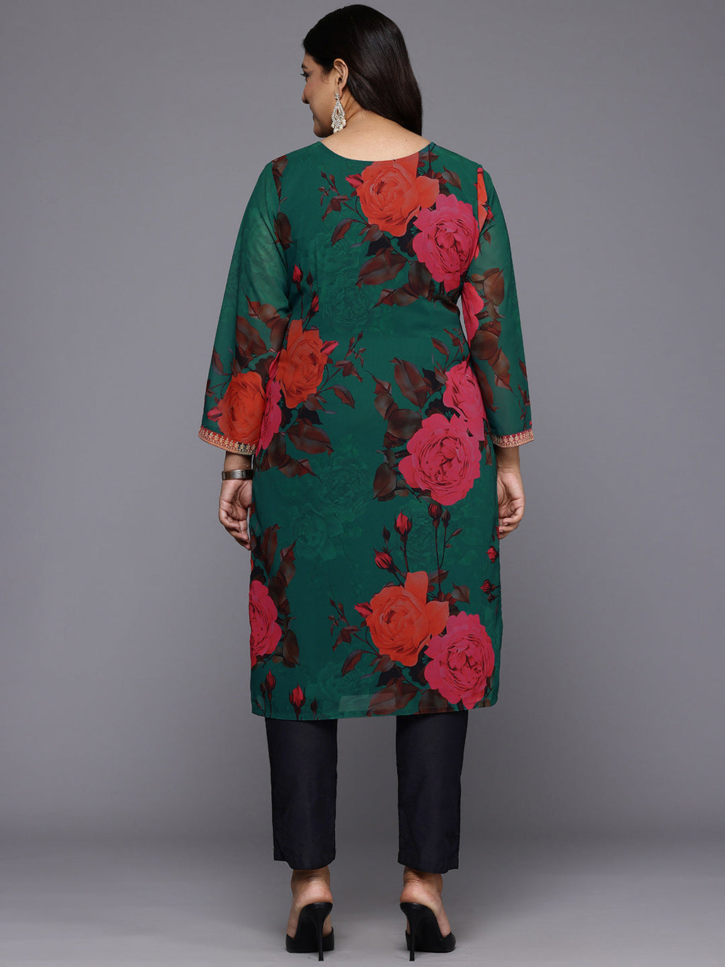 Plus Size Floral Printed Sequinned Georgette Kurta-AH