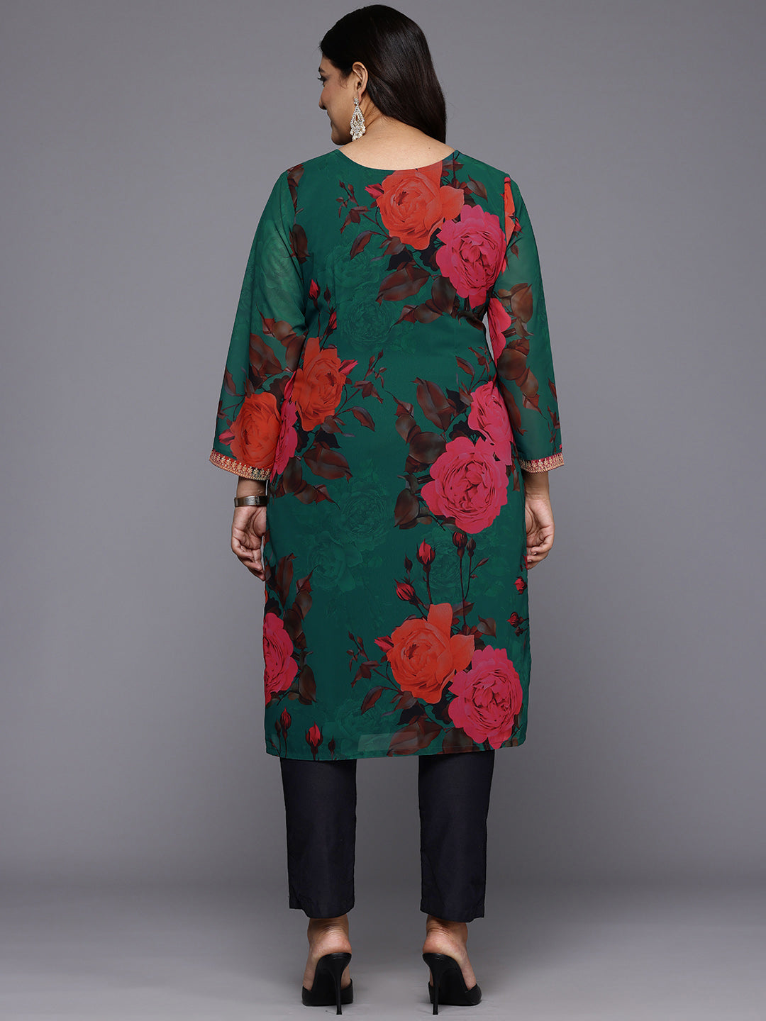 Plus Size Floral Printed Sequinned Georgette Kurta-AH