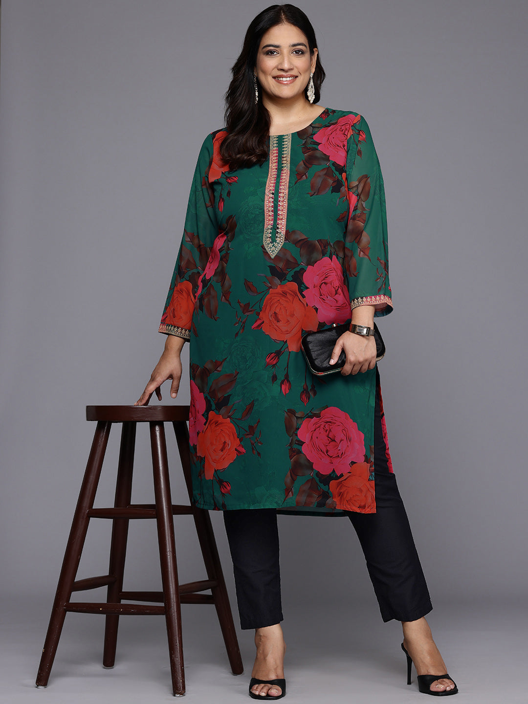 Plus Size Floral Printed Sequinned Georgette Kurta