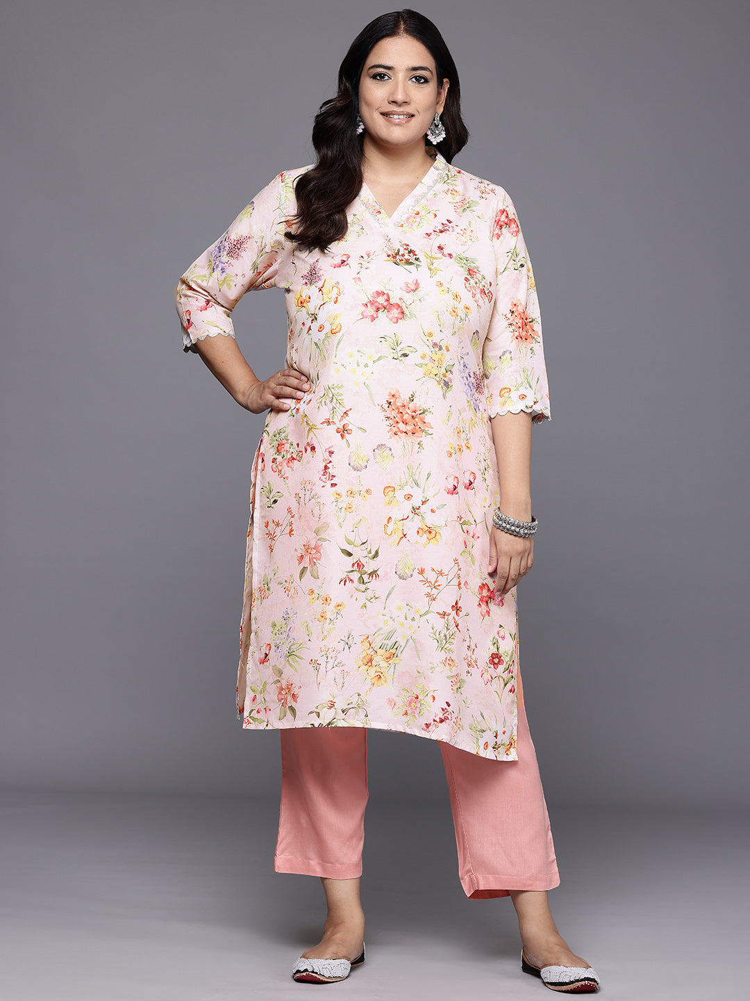 Plus Size Floral Printed Gotta Patti Floral Kurta