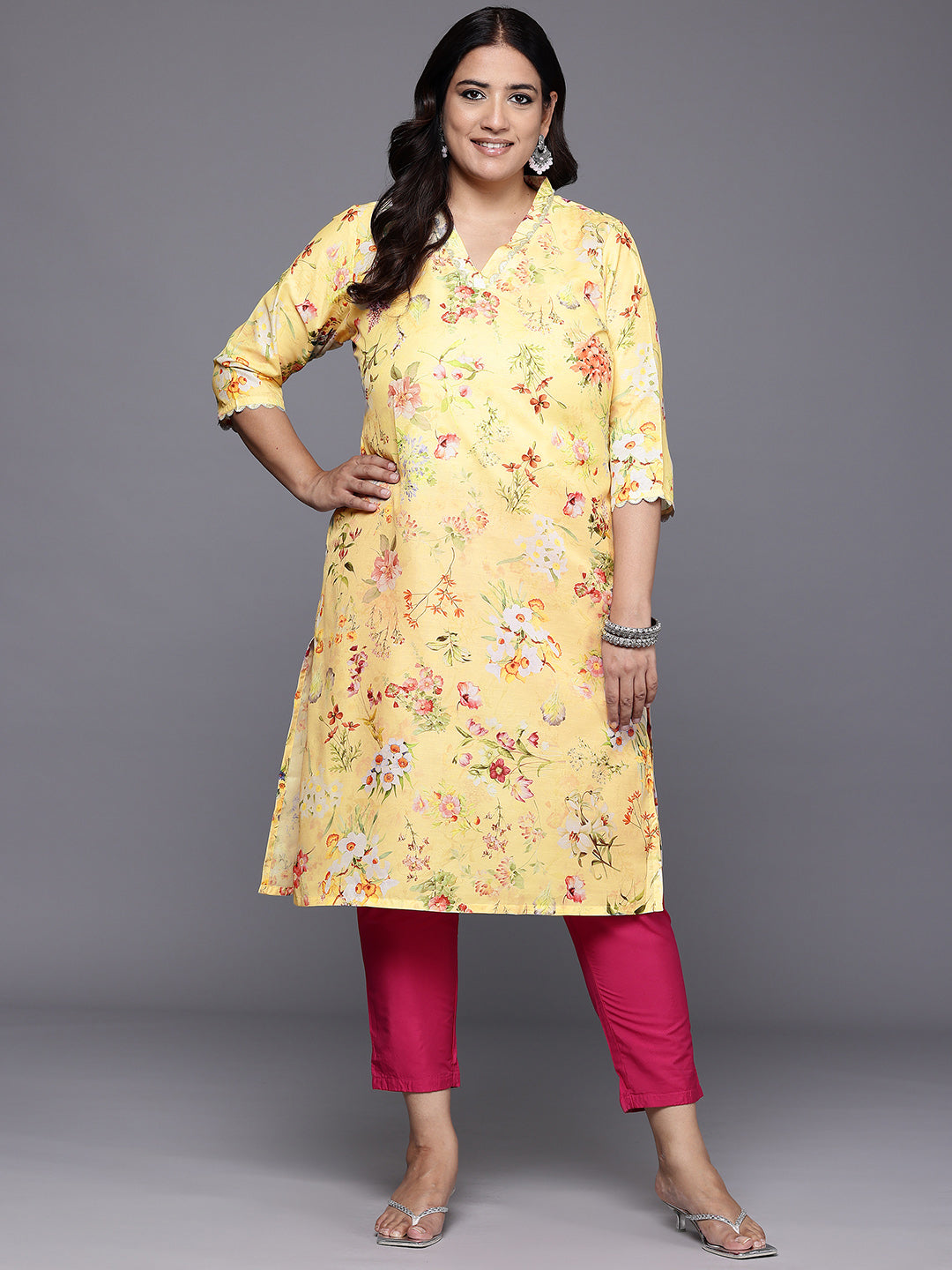 Plus Size Floral Printed Gotta Patti Kurta