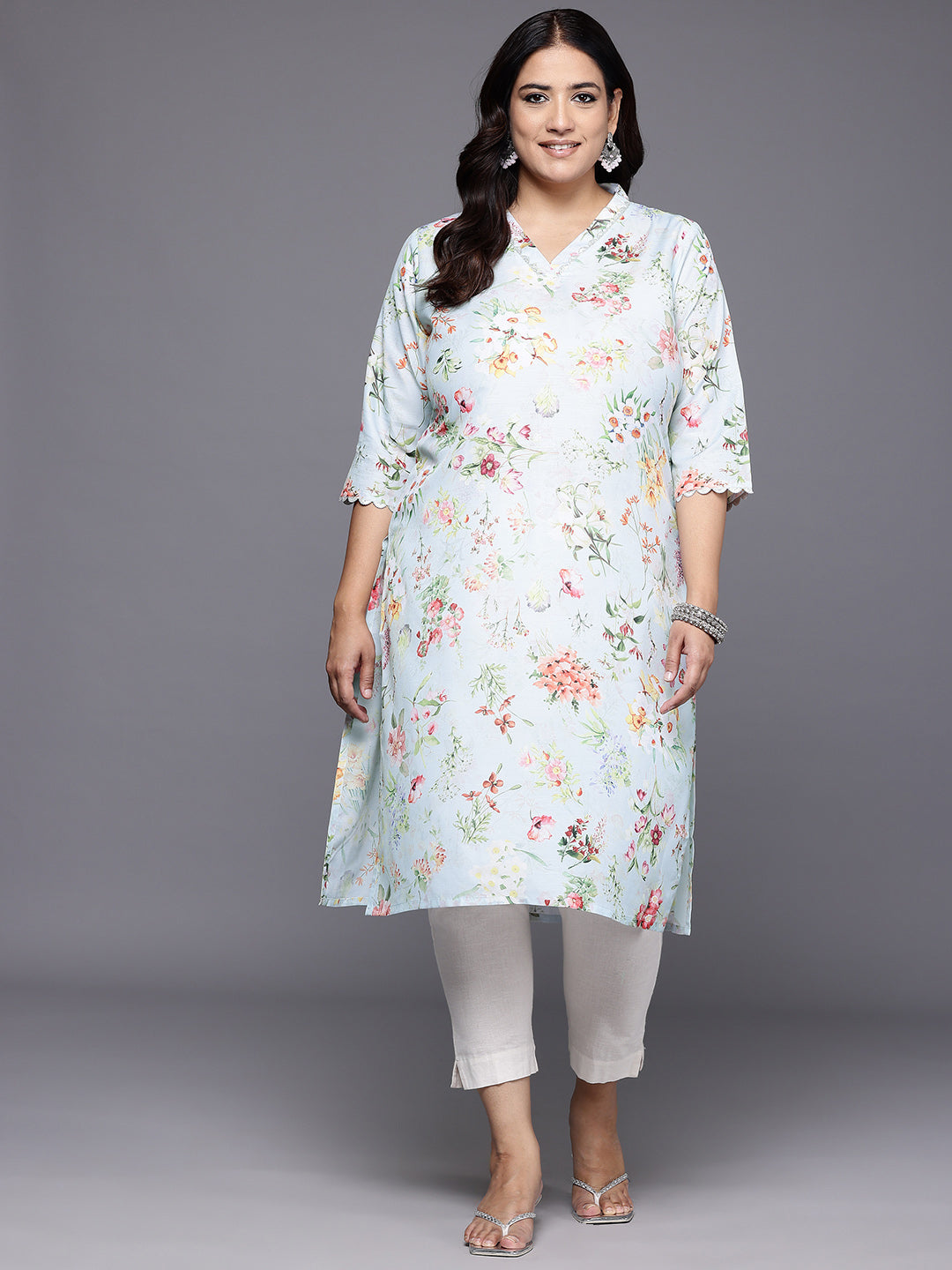 Plus Size Floral Printed Gotta Patti Kurta