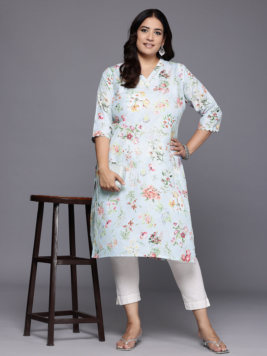 Plus Size Floral Printed Gotta Patti Kurta