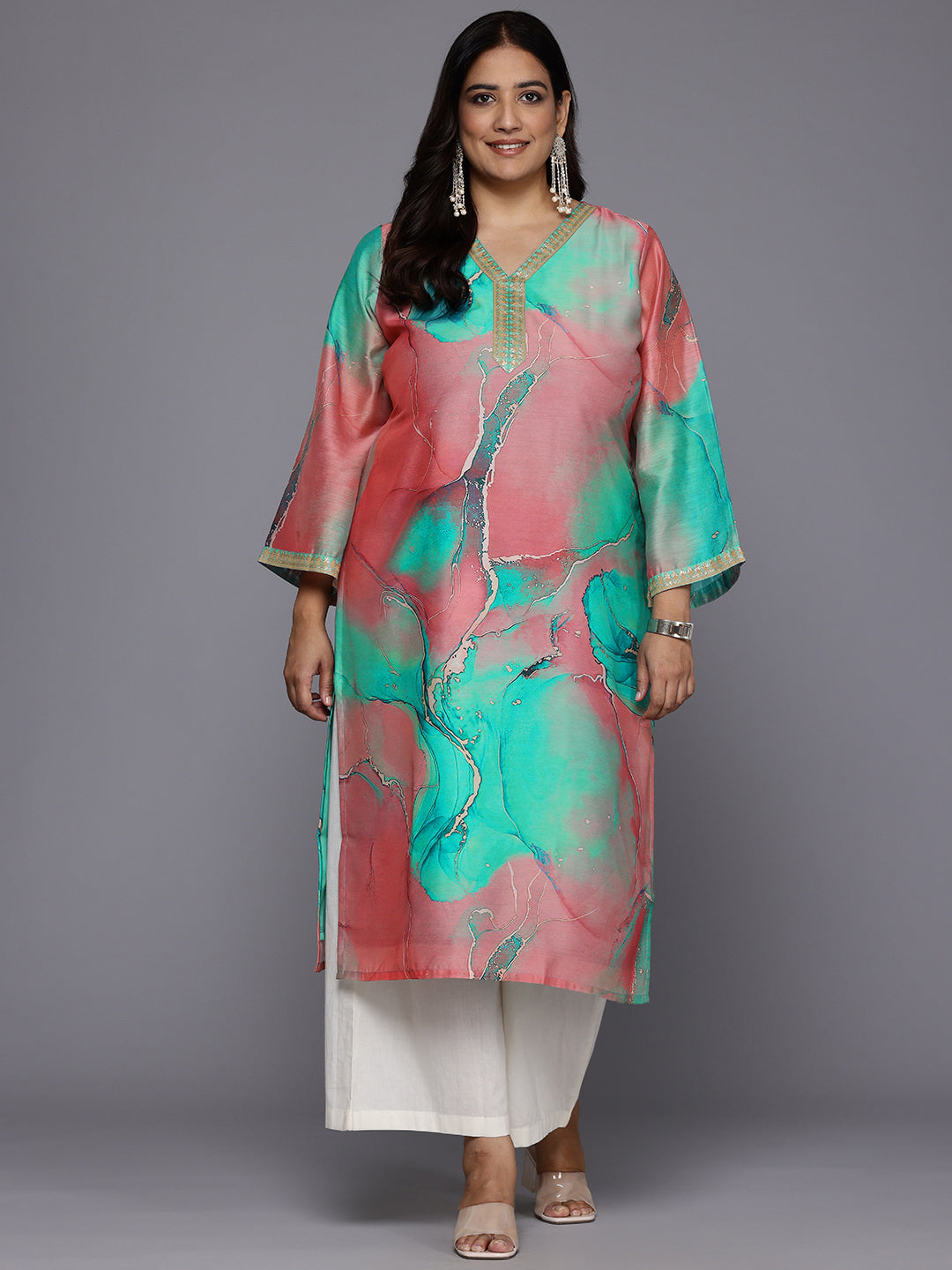 Plus Size Printed Flared Sleeves Chanderi Kurta-AH