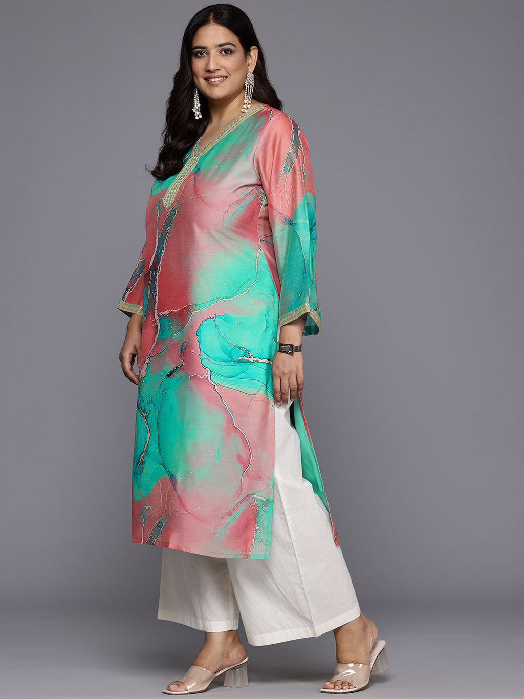 Plus Size Printed Flared Sleeves Chanderi Kurta-AH