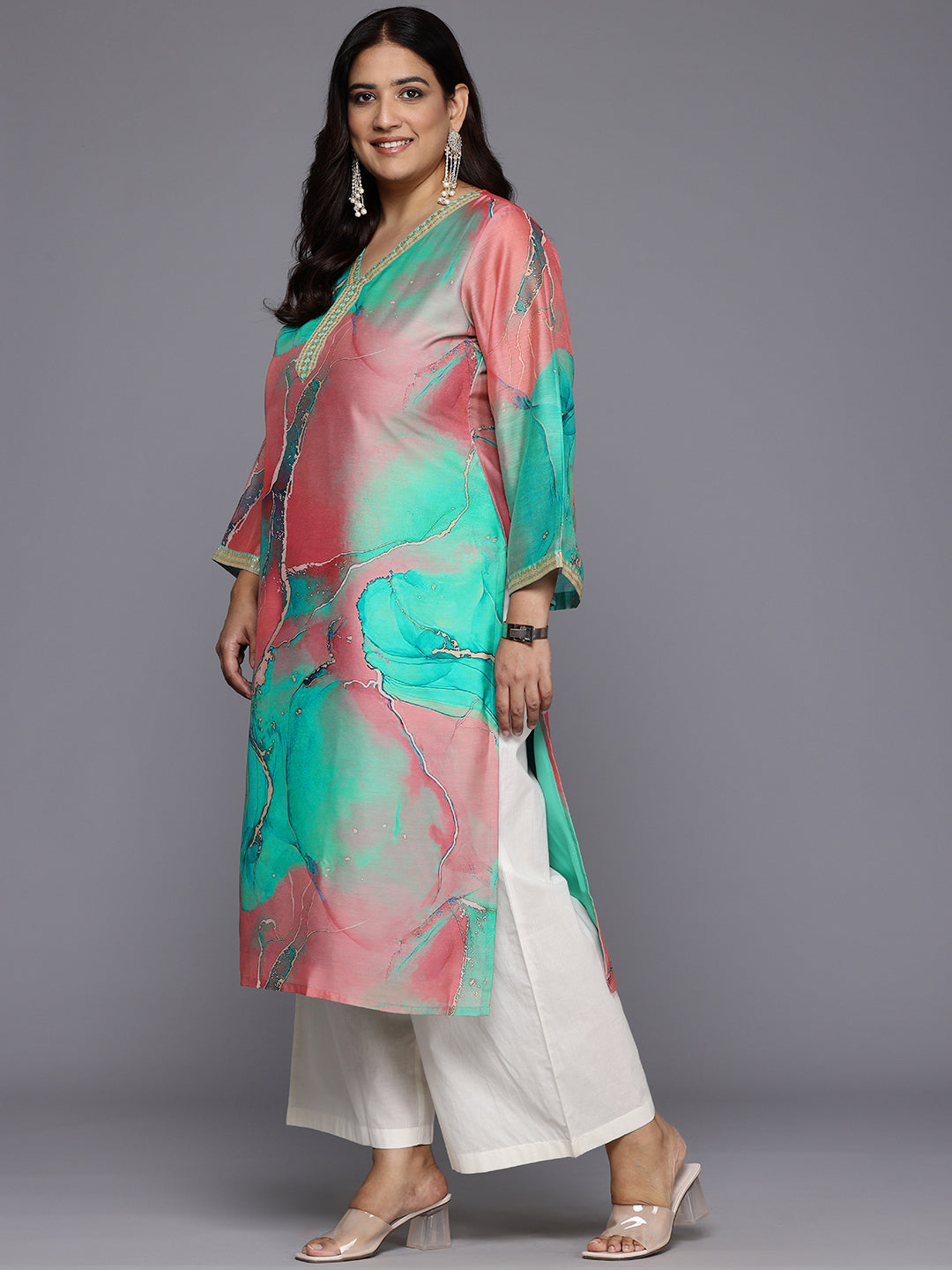 Plus Size Printed Flared Sleeves Chanderi Kurta-AH