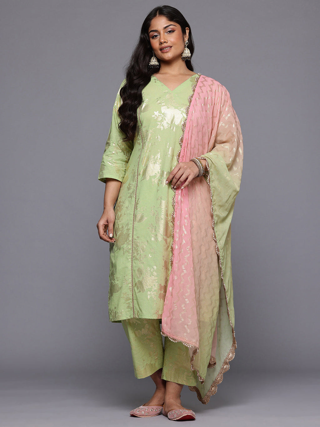 A PLUS BY AHALYAA Plus Size Floral Printed Panelled Pure Cotton Kurta Set & Dupatta-AH
