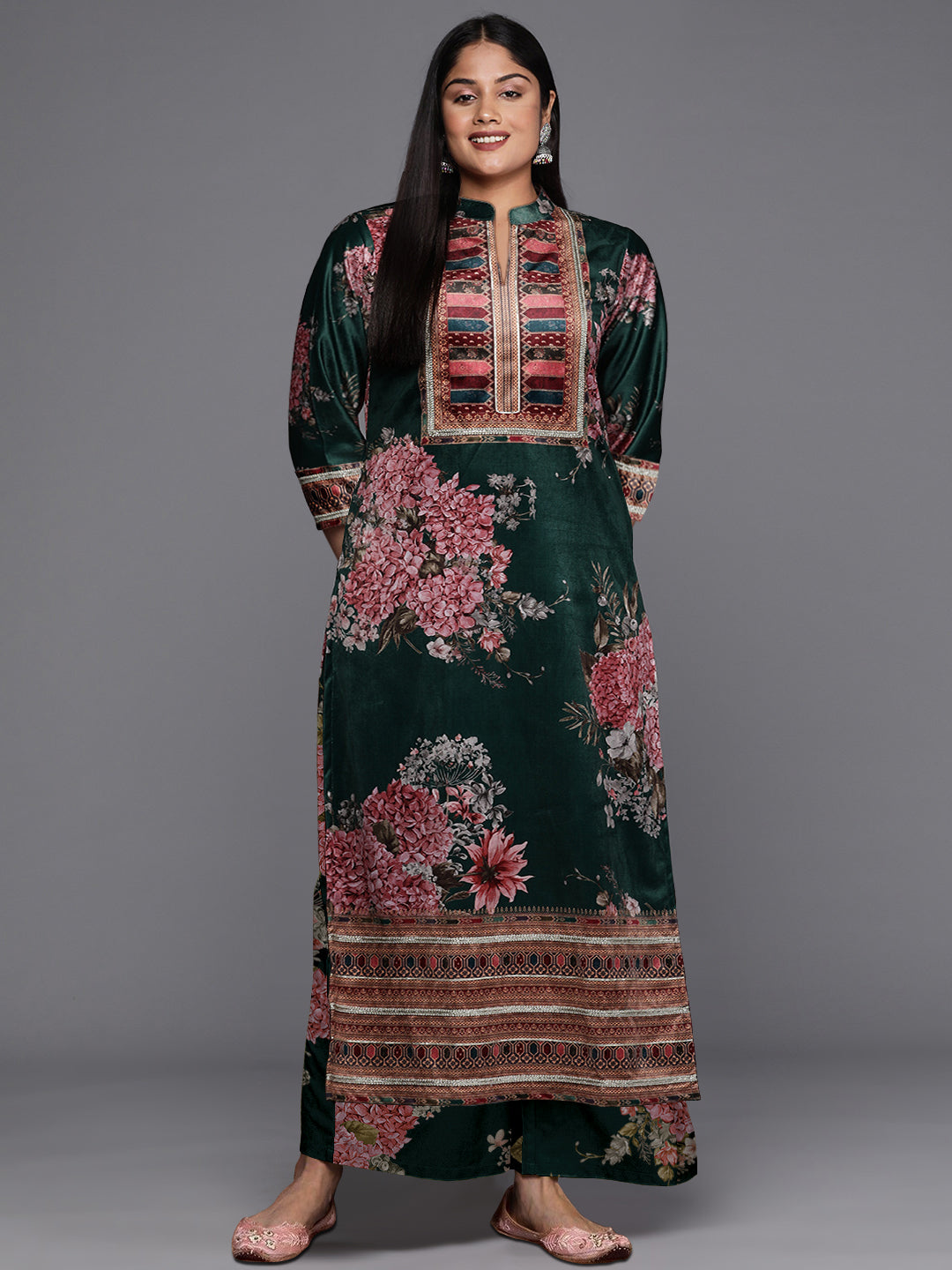 Ahalyaa Plus Size Digital Printed Velvet Kurta and Palazzo Set