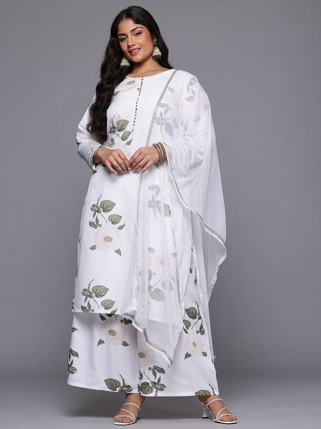 A PLUS BY AHALYAA Plus Size Floral Printed Kurta with Palazzos & With Dupatta-AH