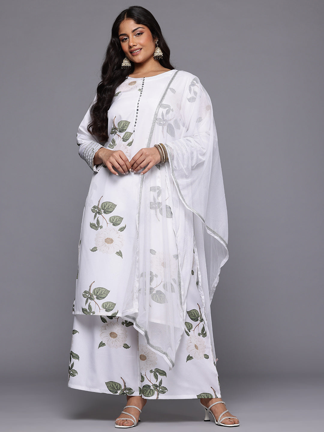 A PLUS BY AHALYAA Plus Size Floral Printed Kurta with Palazzos & With Dupatta-AH