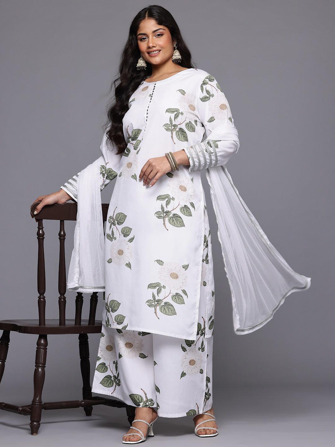 A PLUS BY AHALYAA Plus Size Floral Printed Kurta with Palazzos & With Dupatta-AH