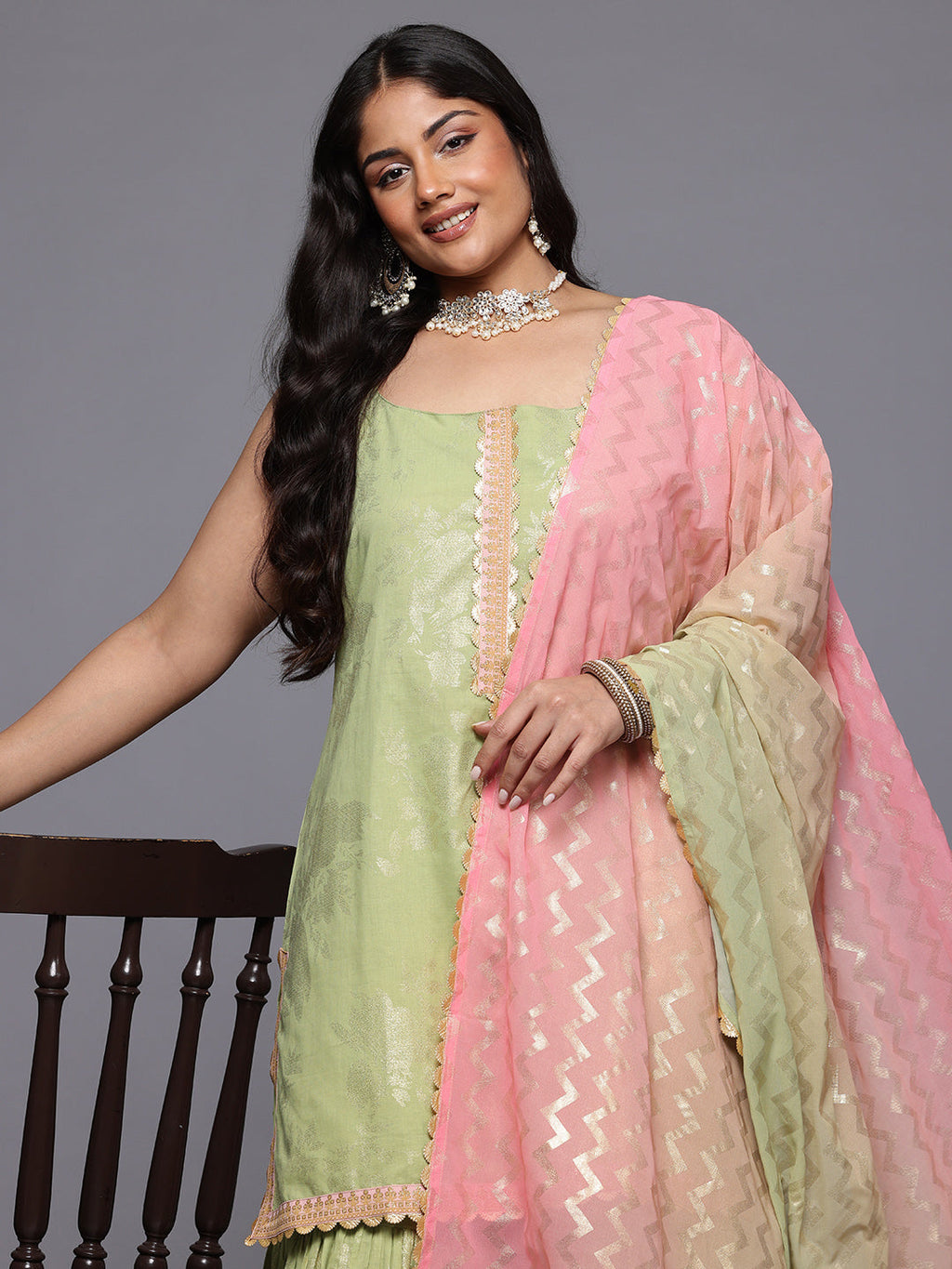 A PLUS BY AHALYAA Plus Size Floral Printed Gotta Patti Pure Cotton Kurta & Sharara Set-AH