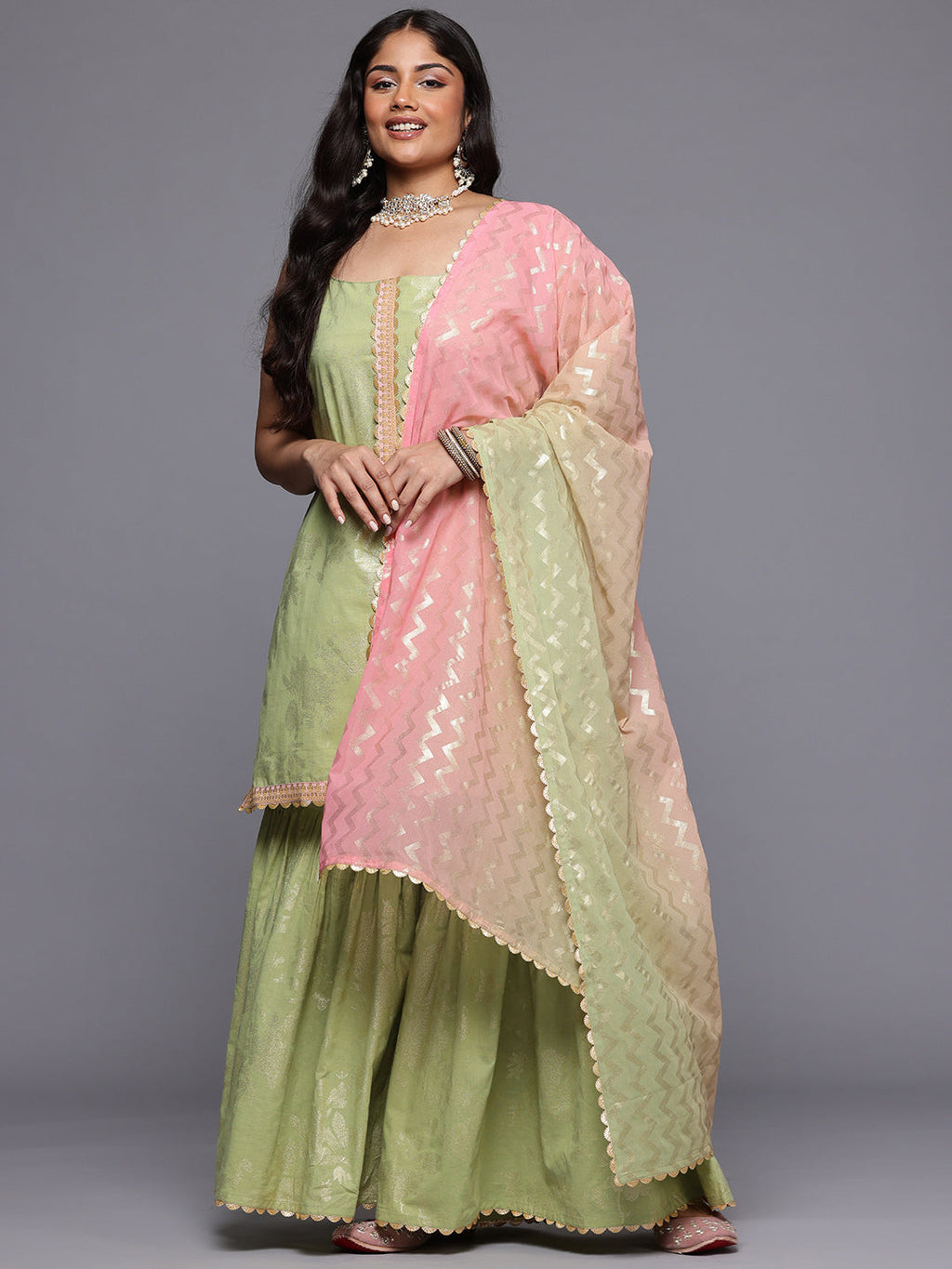 A PLUS BY AHALYAA Plus Size Floral Printed Gotta Patti Pure Cotton Kurta & Sharara Set-AH