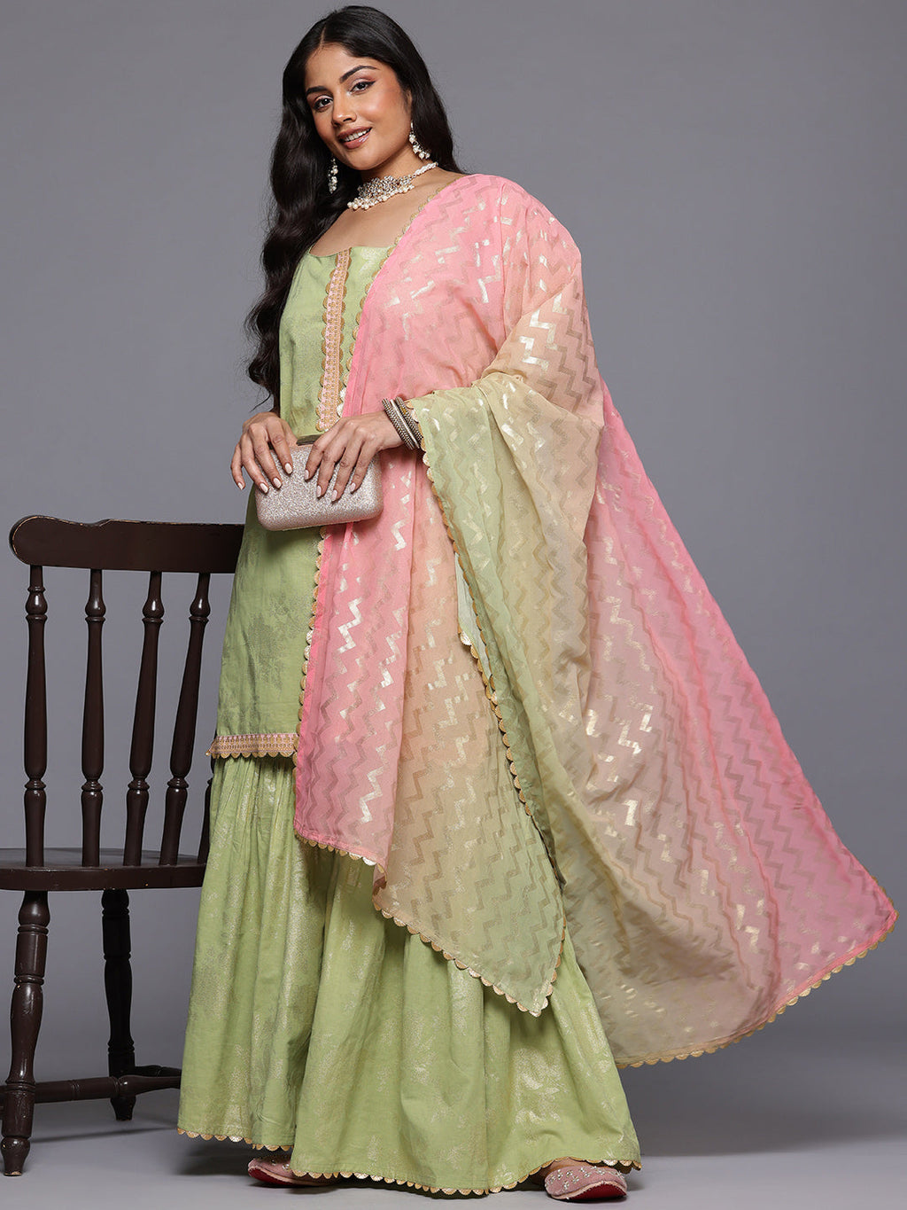 A PLUS BY AHALYAA Plus Size Floral Printed Gotta Patti Pure Cotton Kurta & Sharara Set-AH