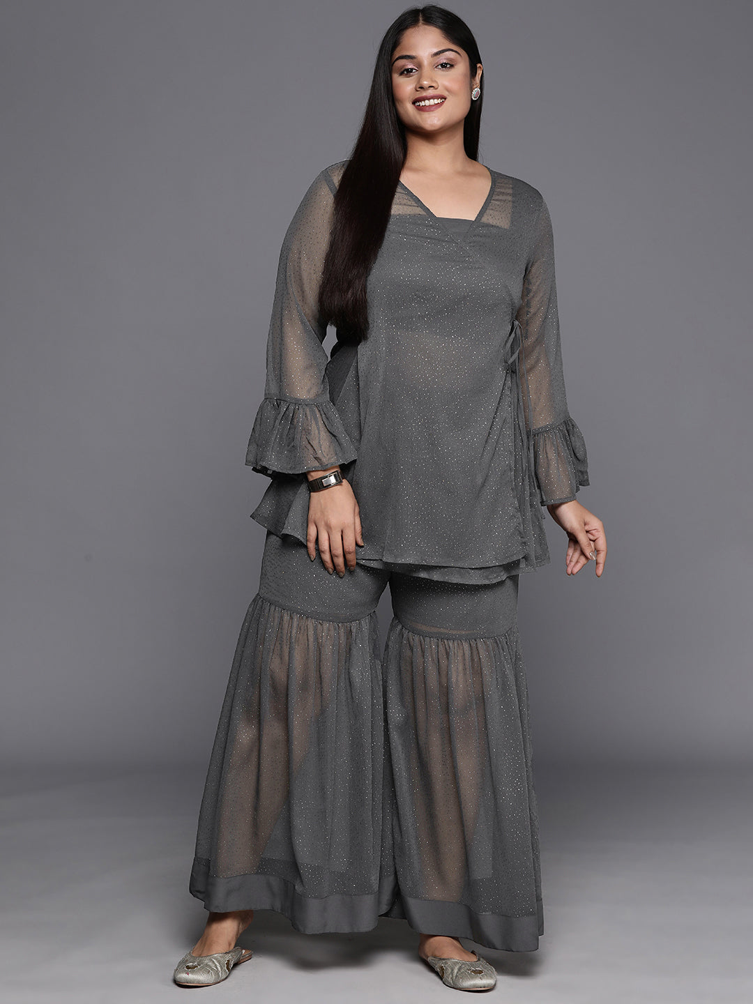 Plus Size Ethnic Printed Chiffon Wrap Tunic with Sharara