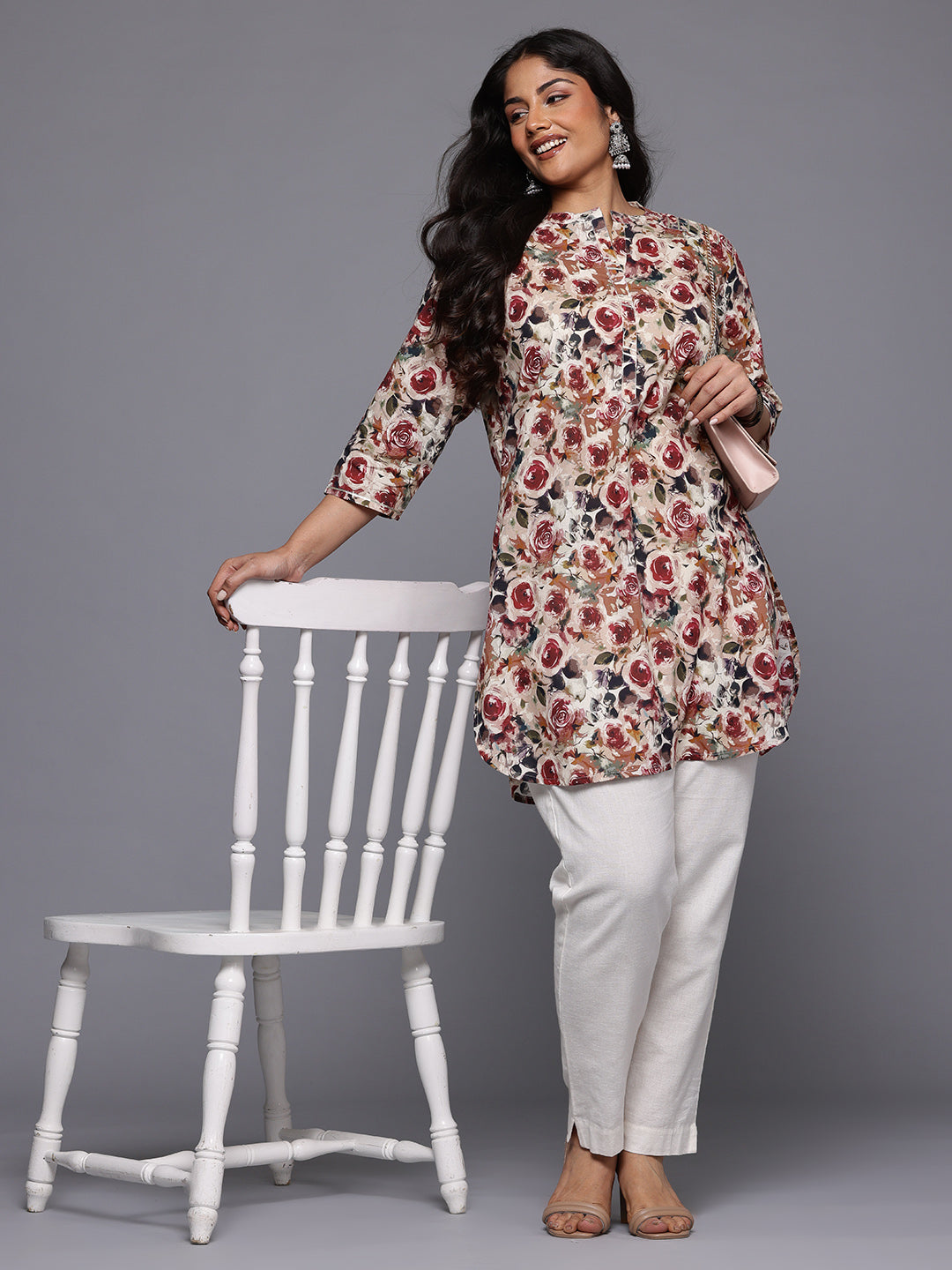 A PLUS BY AHALYAA Plus Size Floral Printed Mandarin Collar Tunic-AH