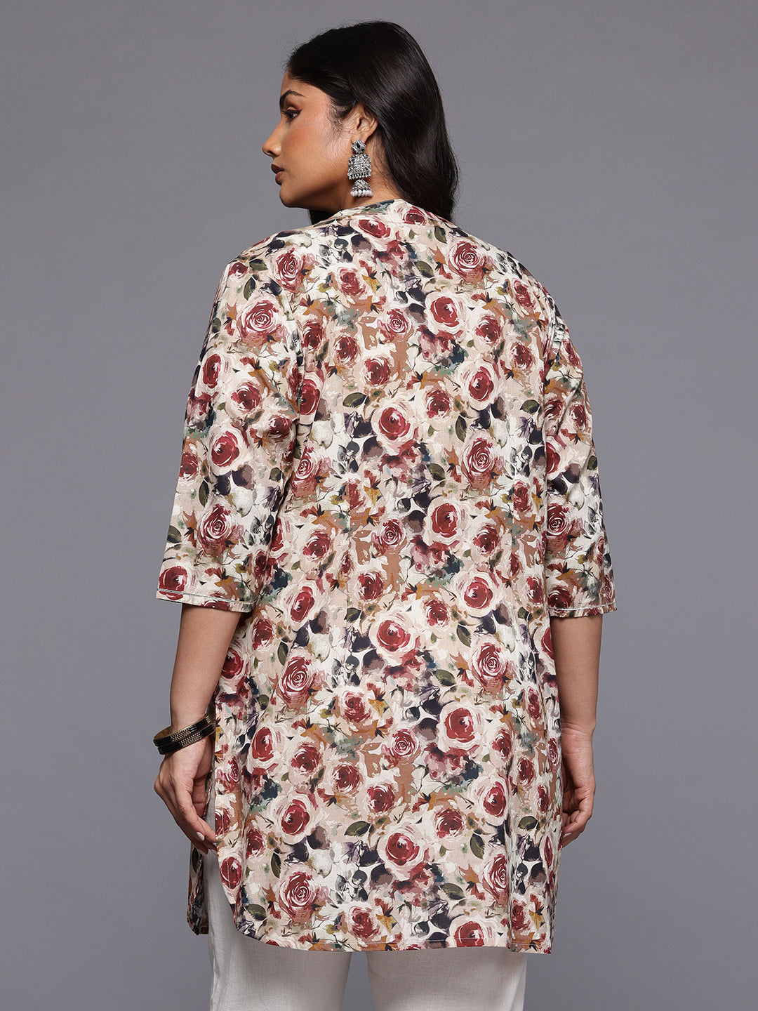 A PLUS BY AHALYAA Plus Size Floral Printed Mandarin Collar Tunic-AH