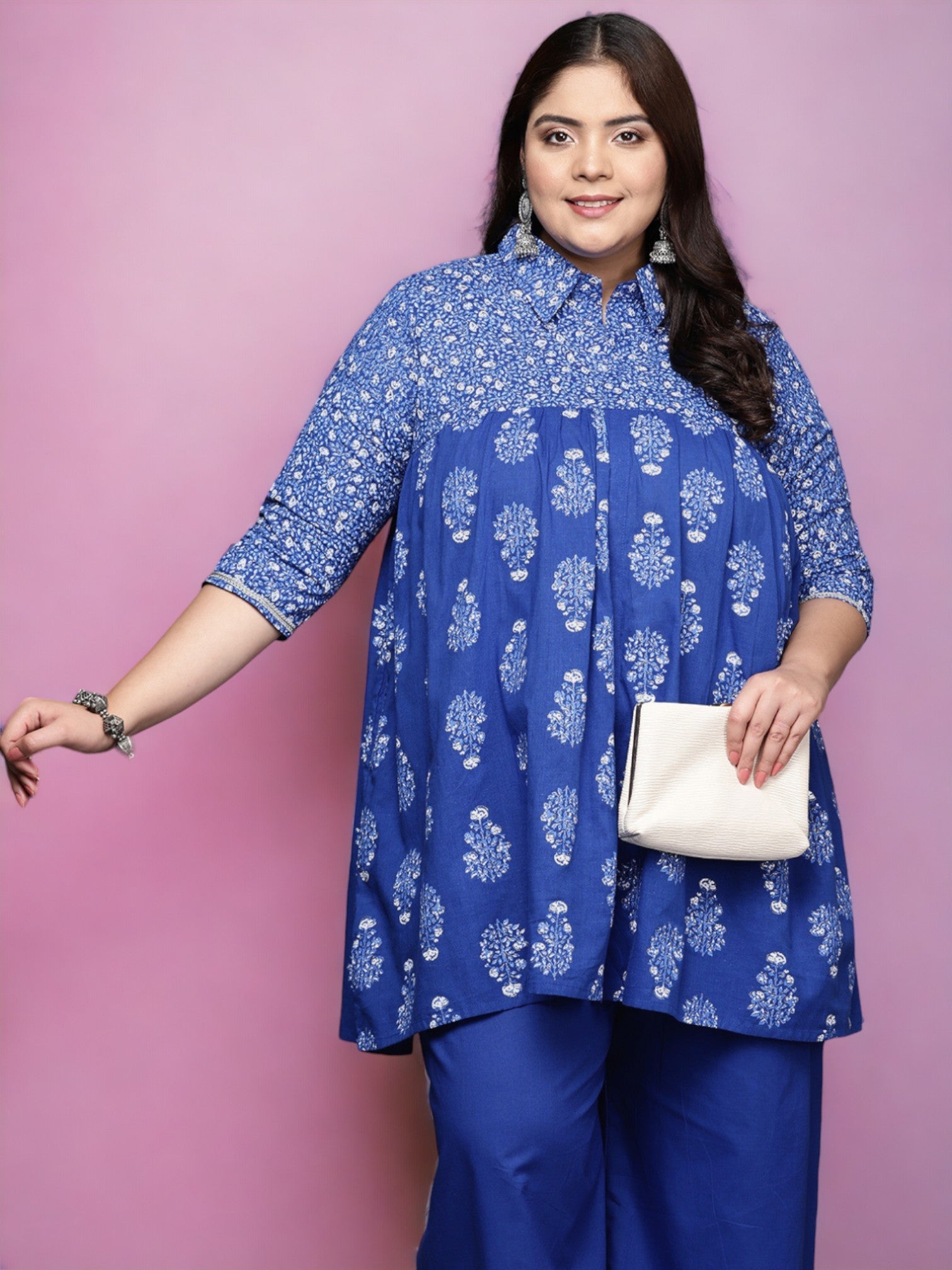 Women Blue Plus Size Pure Cotton Tunic