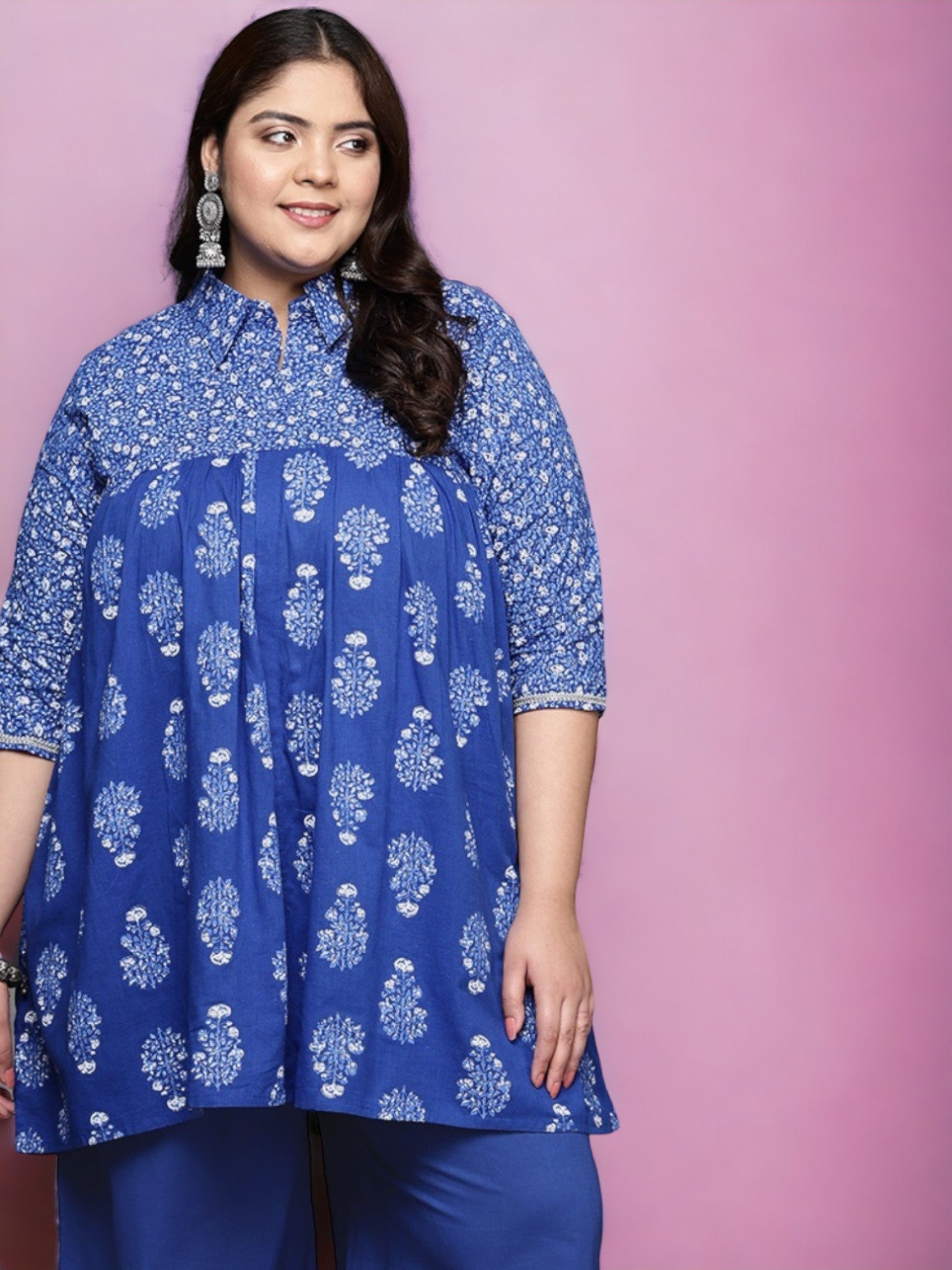 Women Blue Plus Size Pure Cotton Tunic