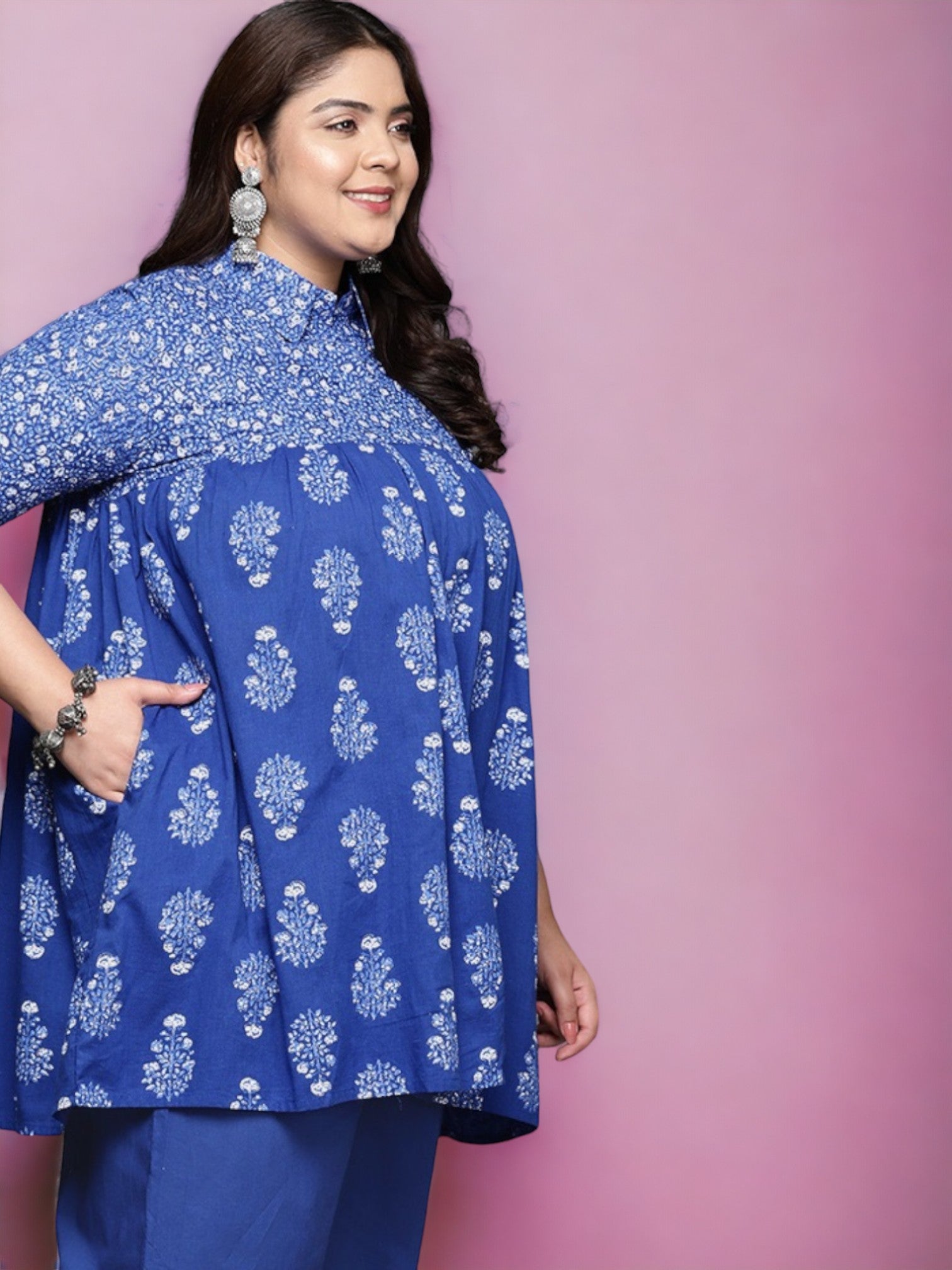 Women Blue Plus Size Pure Cotton Tunic