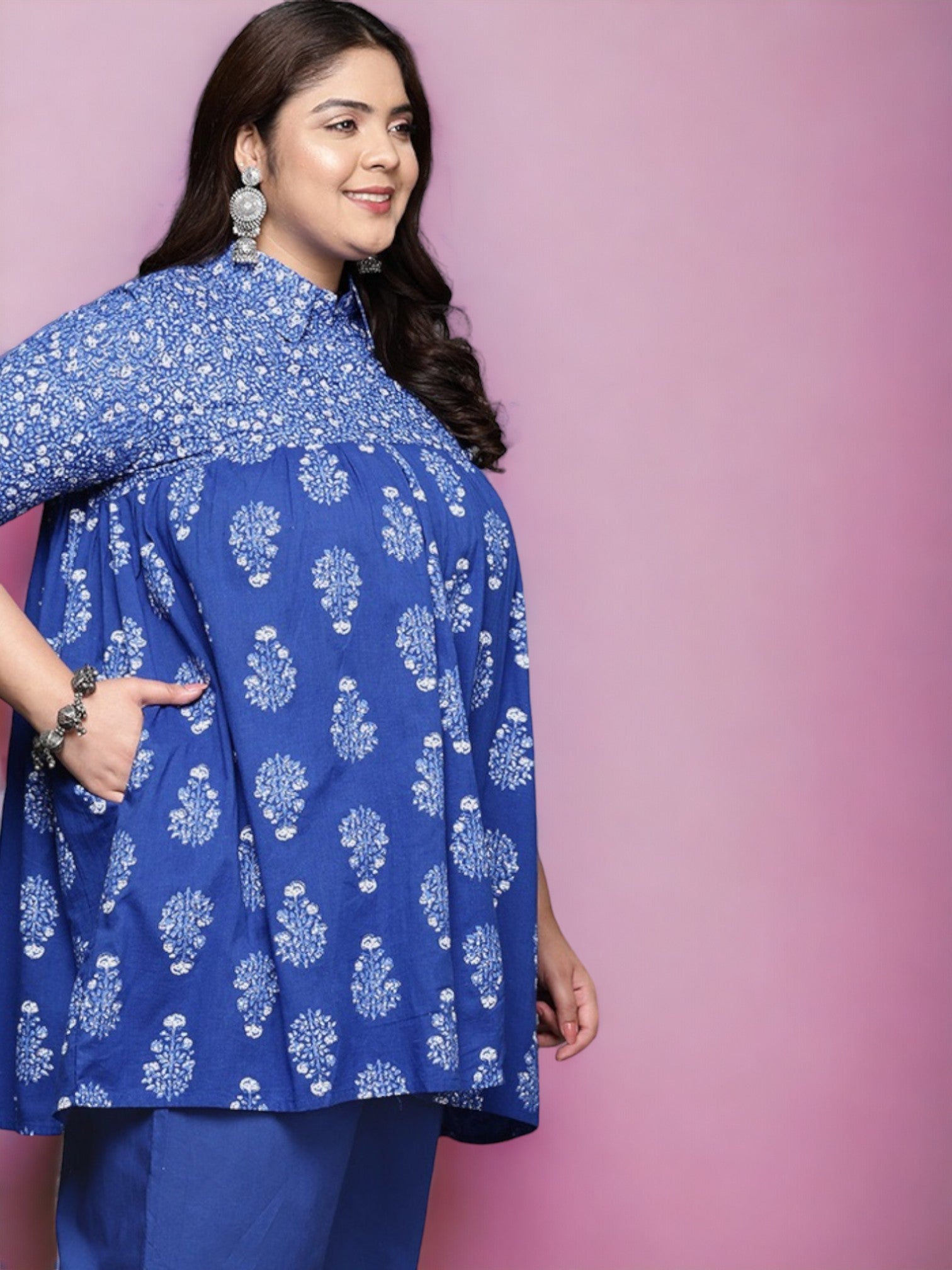 Women Blue Plus Size Pure Cotton Tunic-AH