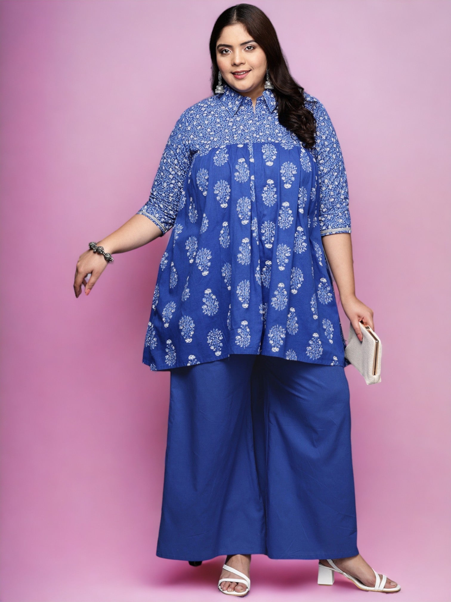 Women Blue Plus Size Pure Cotton Tunic