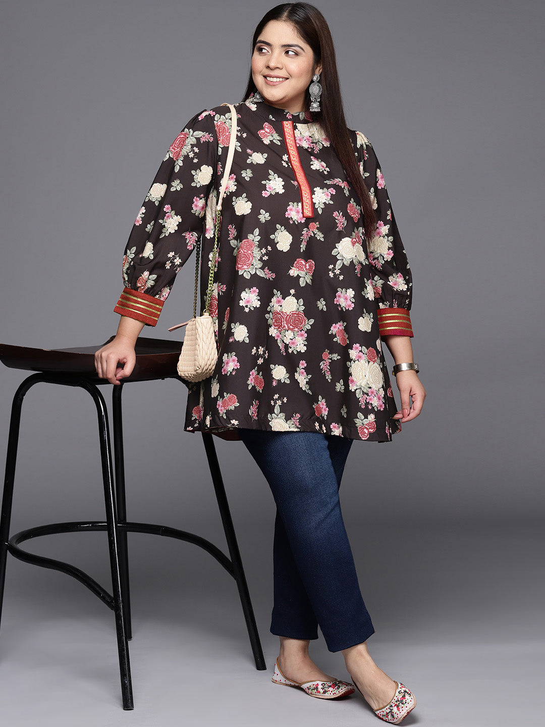 Mandarin Collar Crepe Floral Printed Tunic