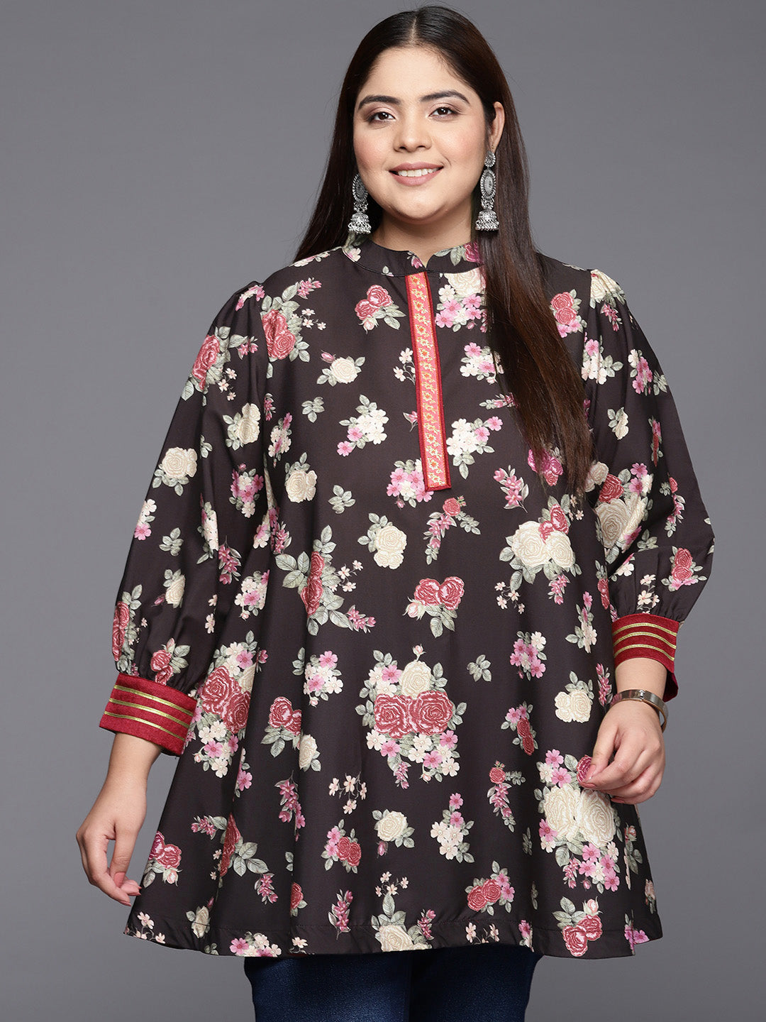 Mandarin Collar Crepe Floral Printed Tunic