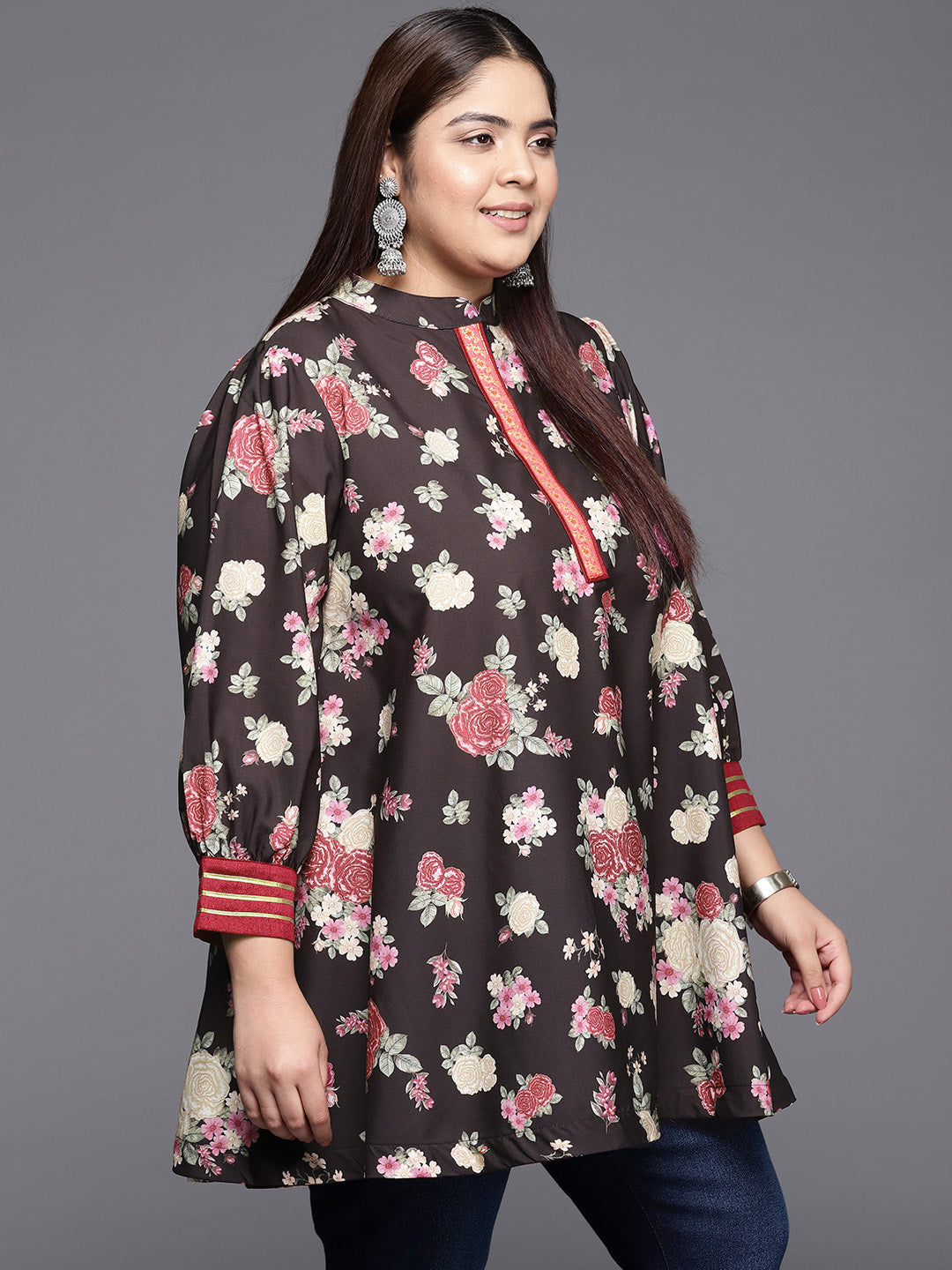 Mandarin Collar Crepe Floral Printed Tunic