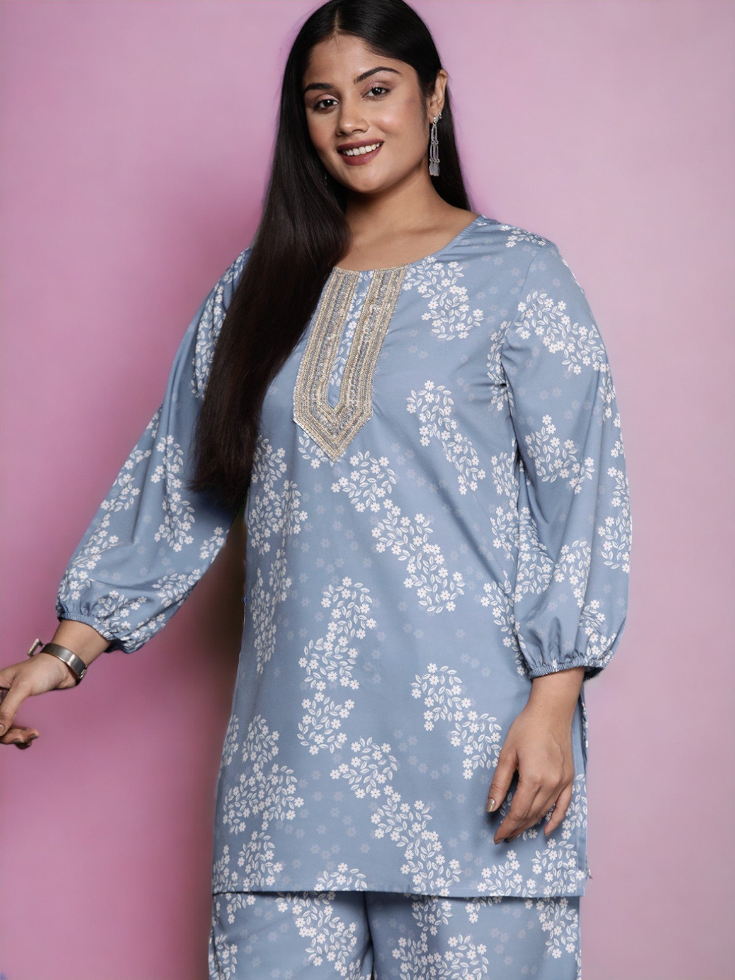 Plus Size Floral Print Zari Ethnic Tunic