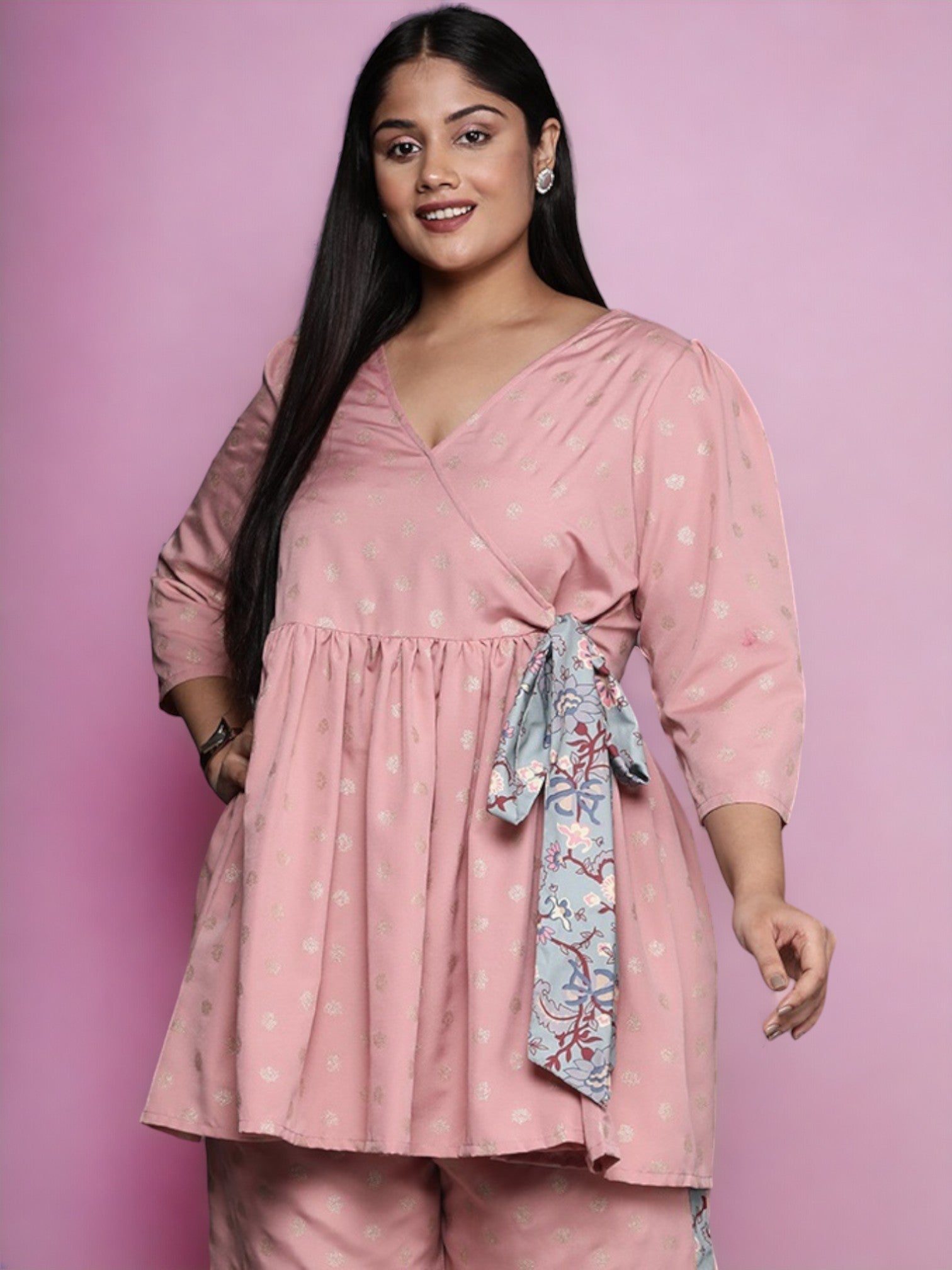 Pink Plus Size Ethnic Printed Wrap Tunic