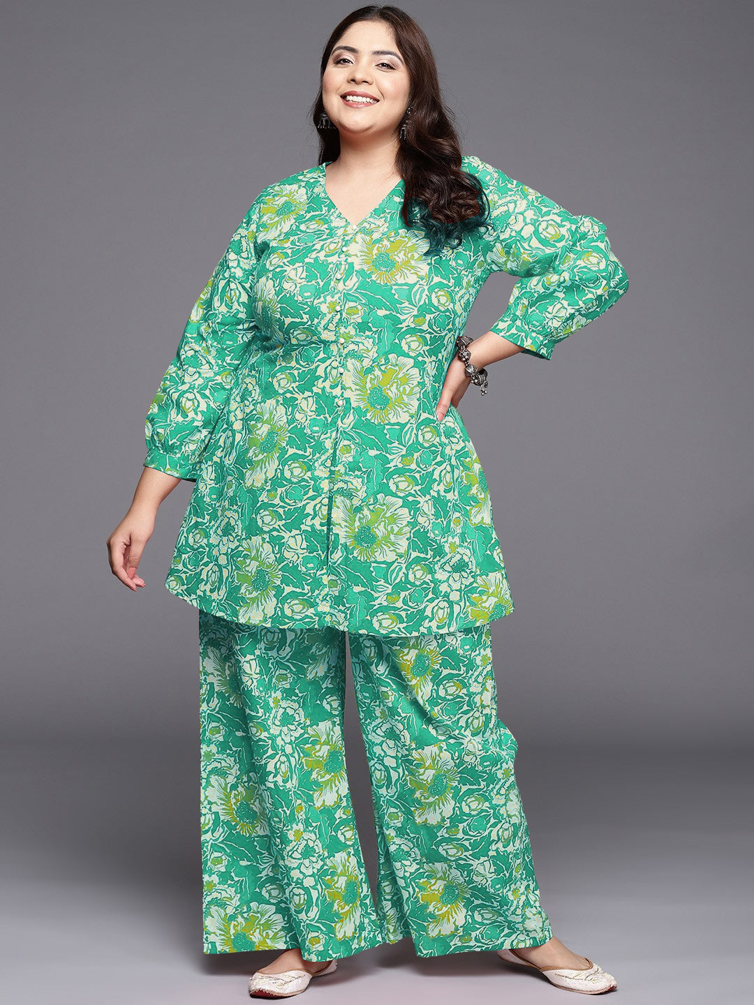 Plus Size Printed Pure Cotton Tunic & Palazzo-AH