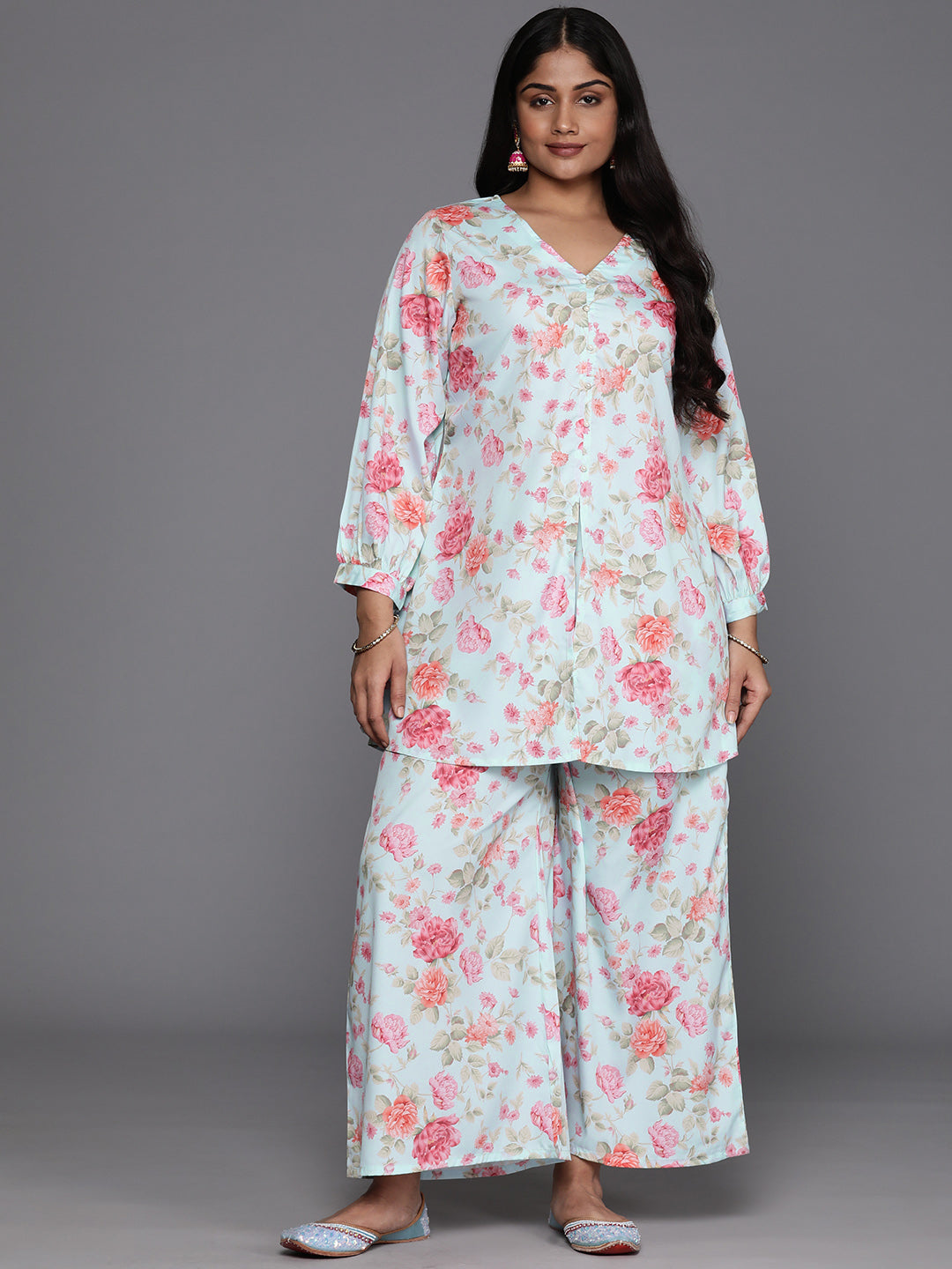 Turquoise Blue Plus Size Floral Printed Kurti with Palazzos